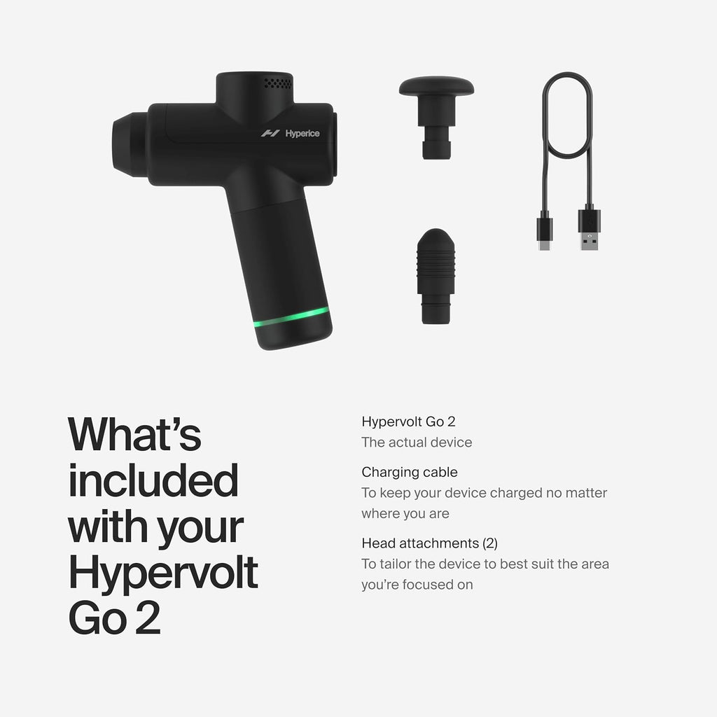 Hyperice Hypervolt Go 2 - Black - Featuring Quiet Glide Technology - Handheld Percussion Massage Gun - 3 Speeds, 2 Interchangeable Heads - Helps Relieve Sore Muscles and Stiffness - The Cozy Corner