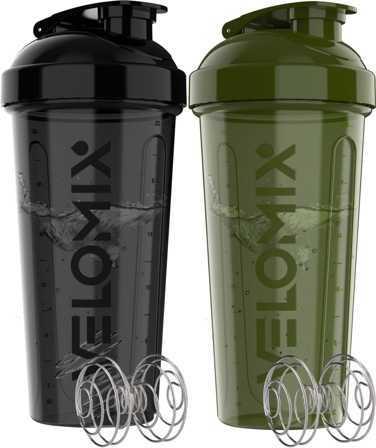 VELOMIX - 2 Pack - 28 oz Protein Shaker Bottles for Protein Mixes - 2x Wire Whisk | Leak Proof Shaker Cups for Protein Shakes | Protein Shaker Bottle Pack (Black/Transparent) - The Cozy Corner