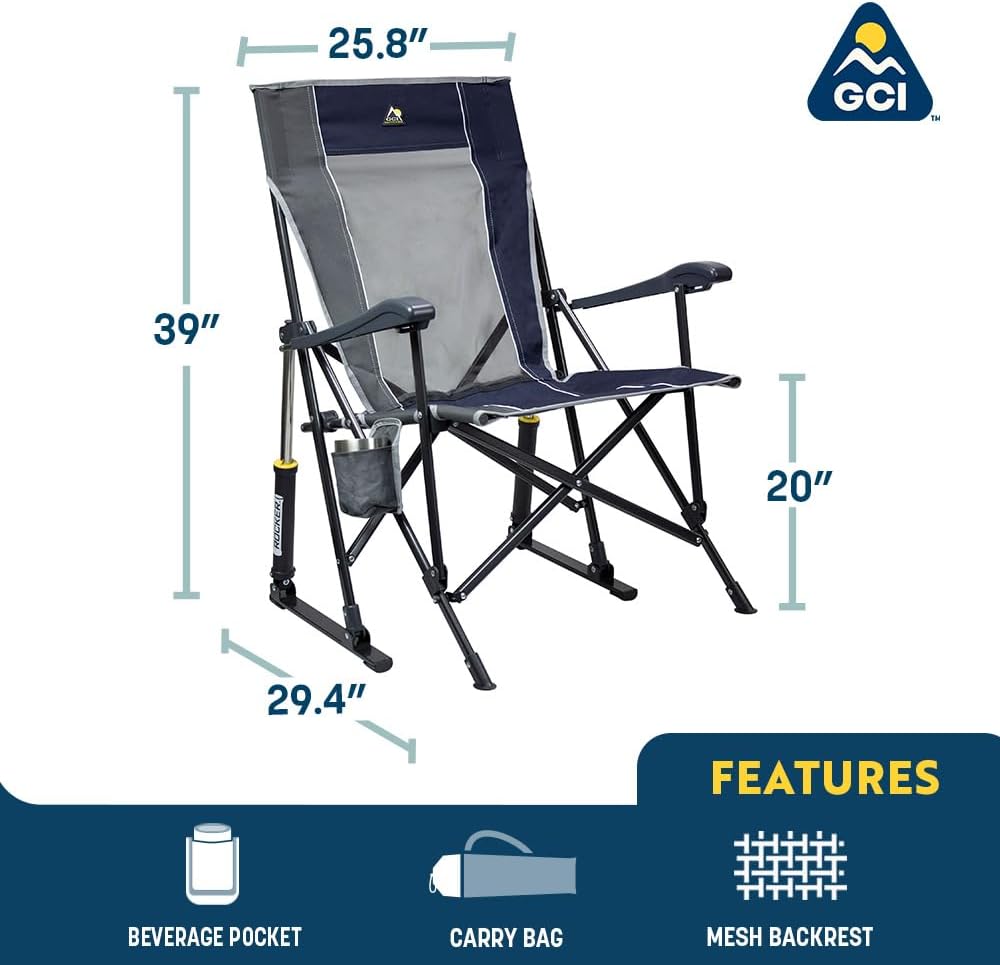 GCI OUTDOOR RoadTrip Rocker Camping Chair | Portable, Folding Rocking Chair with Solid, Durable Armrests, Drink Holder & Comfortable Extended Backrest — Indigo Blue - The Cozy Corner