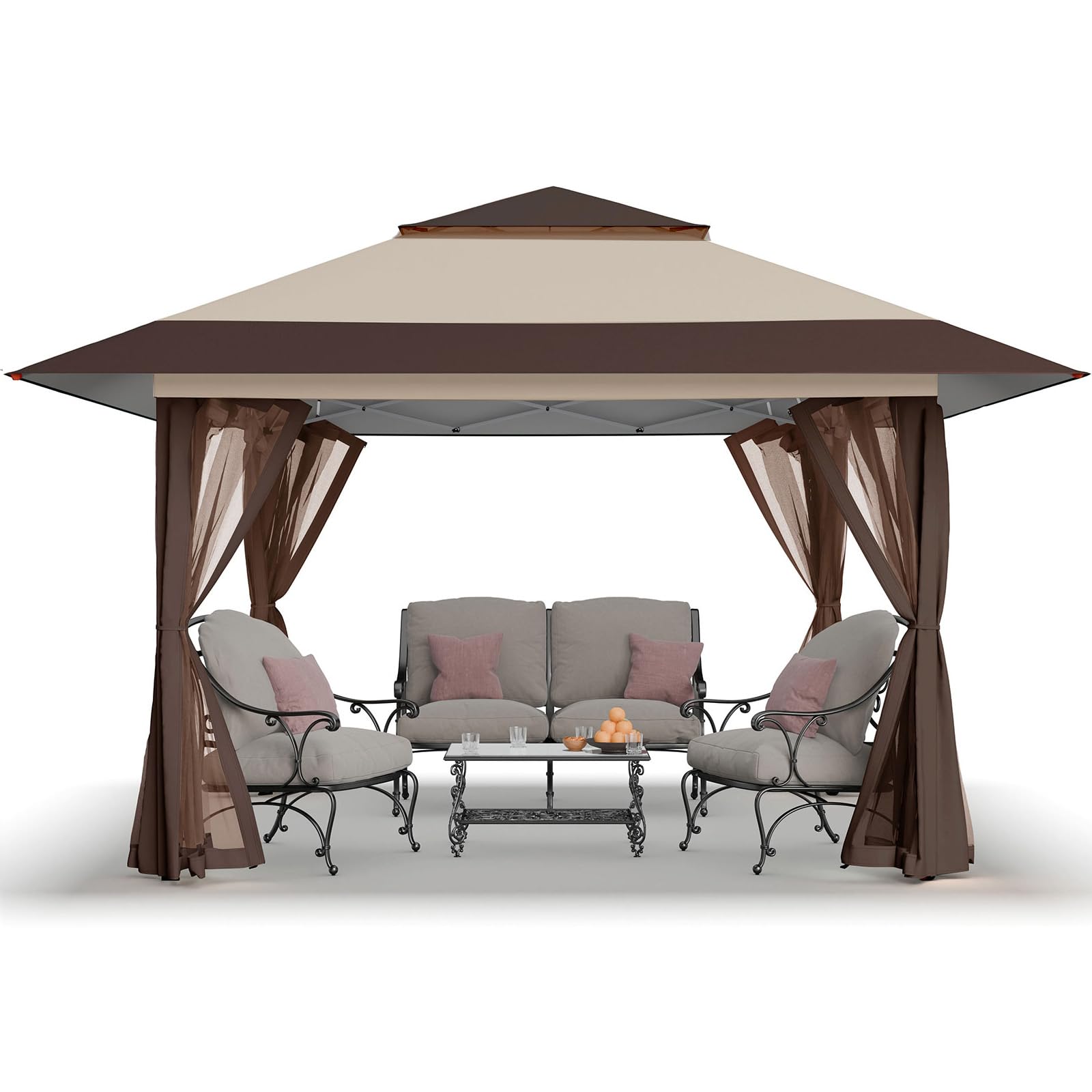 CROWN SHADES 13x13 Pop Up Gazebo, Canopy Tent, Gazebos on Clearance - Outdoor Gazebo for Backyard & Patio Furniture - Carpa Pop Up Tent with Wheeled STO - N - Go Cover Bag (Beige & Coffee) - The Cozy Corner