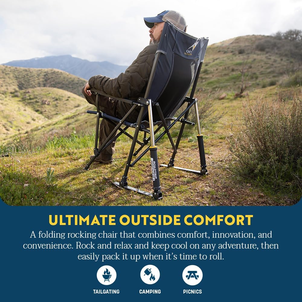 GCI OUTDOOR RoadTrip Rocker Camping Chair | Portable, Folding Rocking Chair with Solid, Durable Armrests, Drink Holder & Comfortable Extended Backrest — Indigo Blue - The Cozy Corner