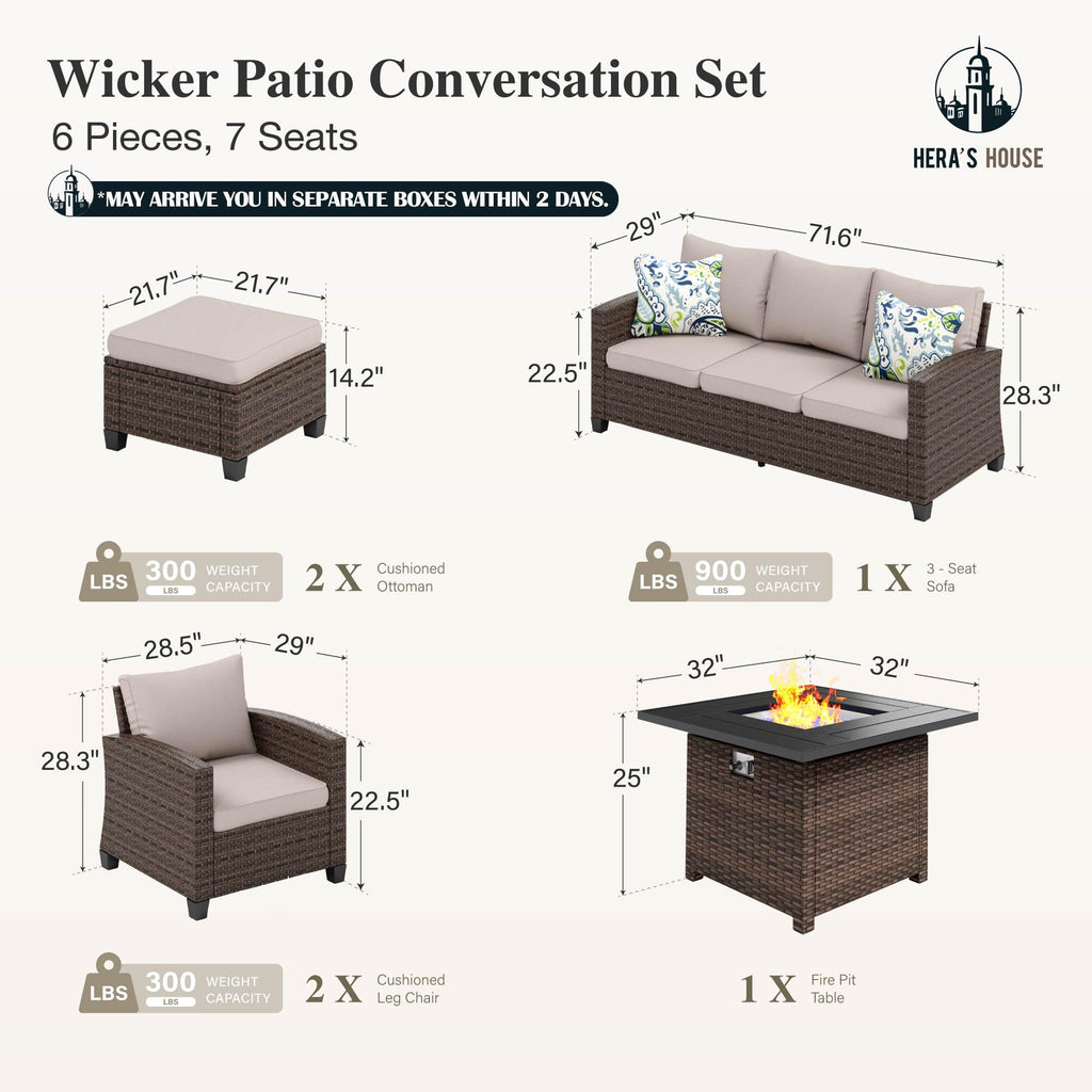 HERA'S HOUSE Patio Furniture Set with 56" Fire Pit Table, Outdoor Patio Conversation Sets, 6 Pieces 7 Seats Wicker Outside Sectional Sofa Set for Lawn Backyard Deck - The Cozy Corner