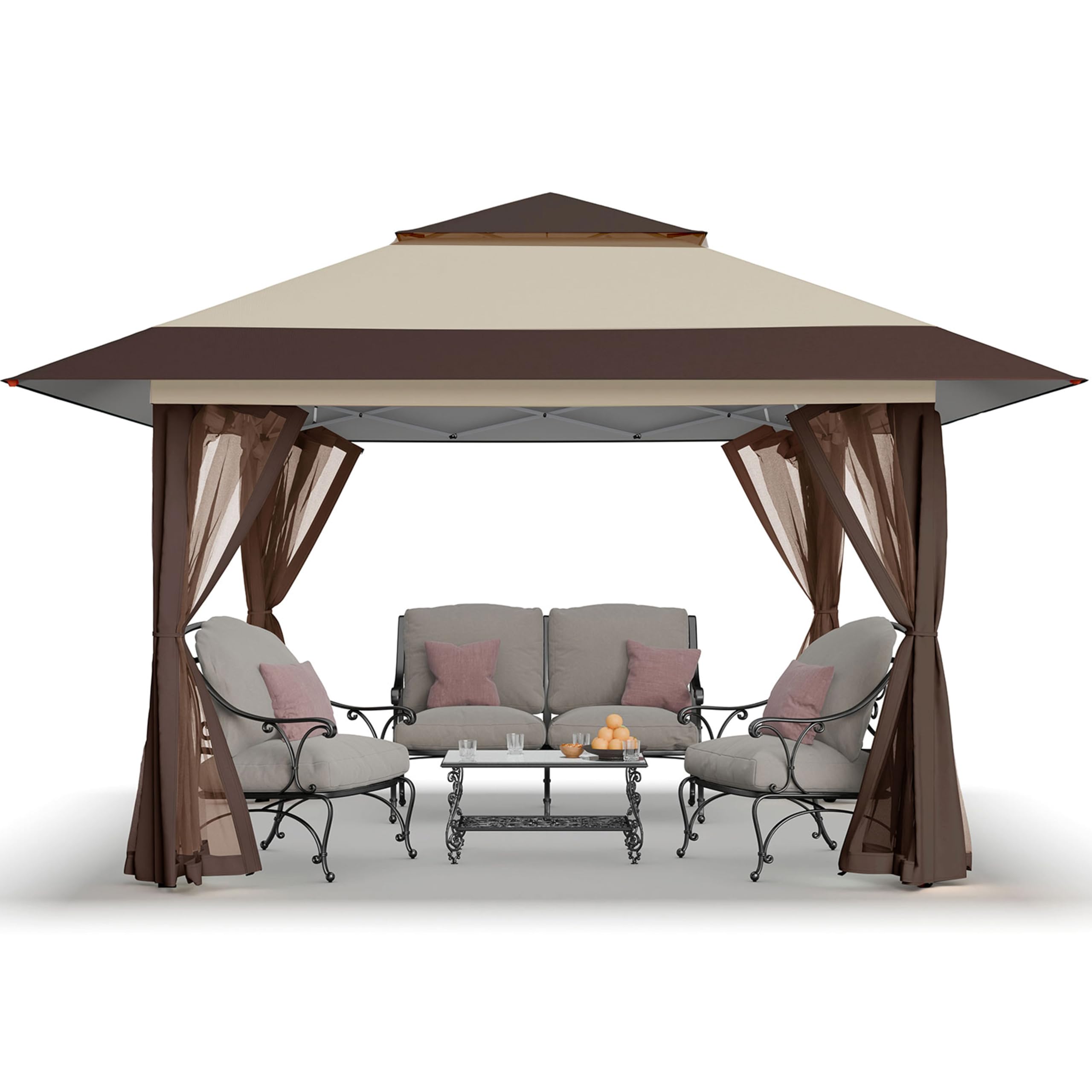 CROWN SHADES 13x13 Pop Up Gazebo, Canopy Tent, Gazebos on Clearance - Outdoor Gazebo for Backyard & Patio Furniture - Carpa Pop Up Tent with Wheeled STO - N - Go Cover Bag (Beige & Coffee) - The Cozy Corner