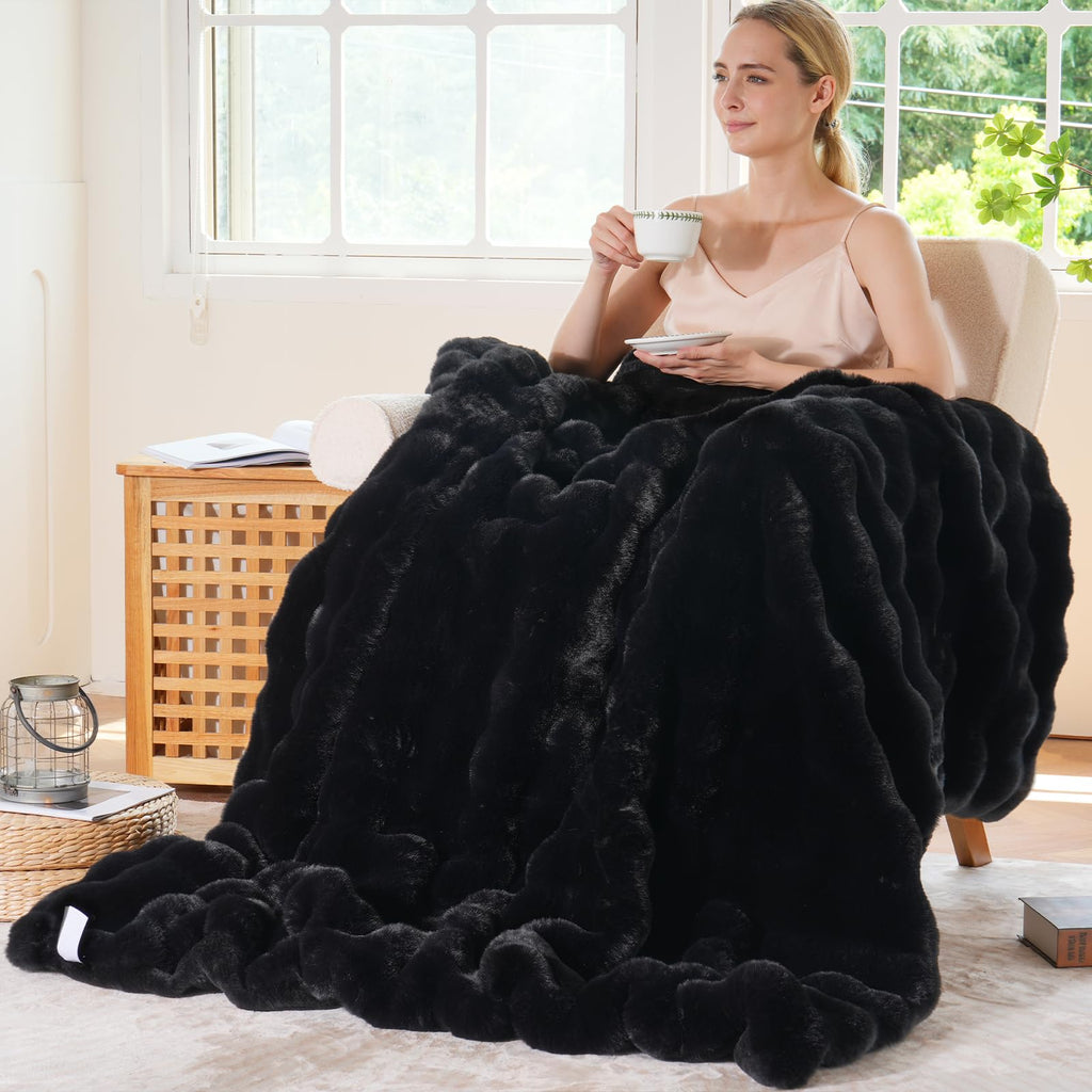 BENVWE Fluffy Faux Fur Throw Blanket for Couch, Soft Plush Thick Cozy Fuzzy Luxury Minky Bubble Blanket for Home Living Room Decor Gift for Women, Navy Blue, 63" x 80", 1100GSM - The Cozy Corner