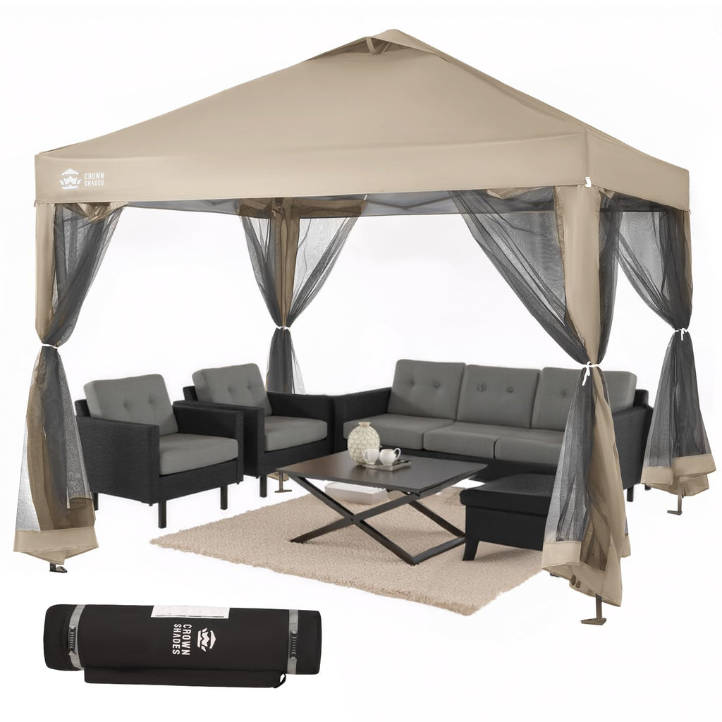 CROWN SHADES 13x13 Pop Up Gazebo, Canopy Tent, Gazebos on Clearance - Outdoor Gazebo for Backyard & Patio Furniture - Carpa Pop Up Tent with Wheeled STO - N - Go Cover Bag (Beige & Coffee) - The Cozy Corner