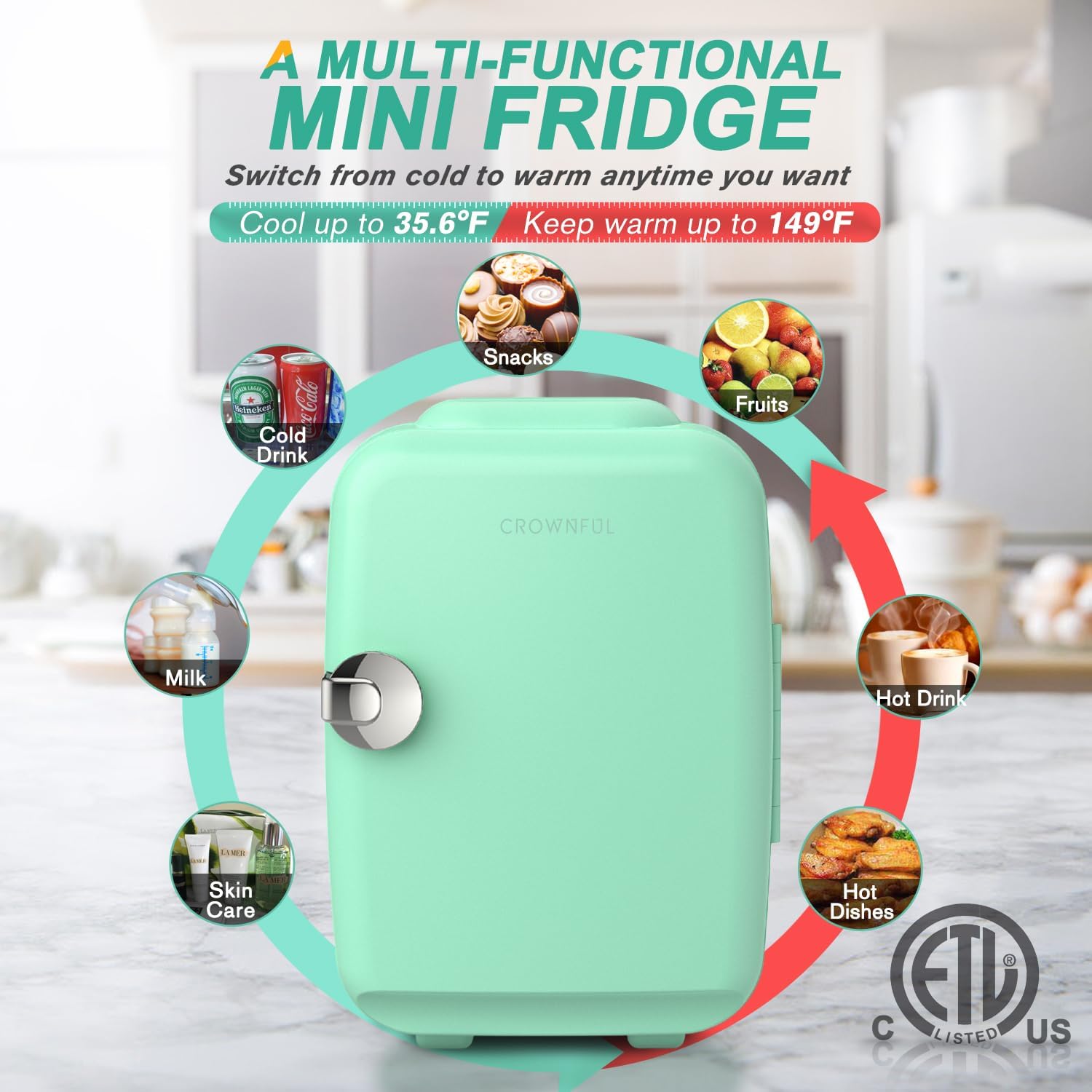 CROWNFUL Mini Fridge, 4 Liter/6 Can Portable Cooler and Warmer Personal Refrigerator for Skin Care, Cosmetics, Beverage, Food,Great for Bedroom, Office, Car, Dorm, ETL Listed (Green) - The Cozy Corner