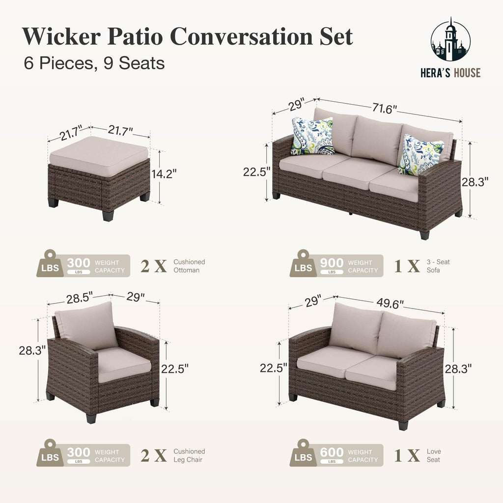 HERA'S HOUSE Patio Furniture Set with 56" Fire Pit Table, Outdoor Patio Conversation Sets, 6 Pieces 7 Seats Wicker Outside Sectional Sofa Set for Lawn Backyard Deck - The Cozy Corner
