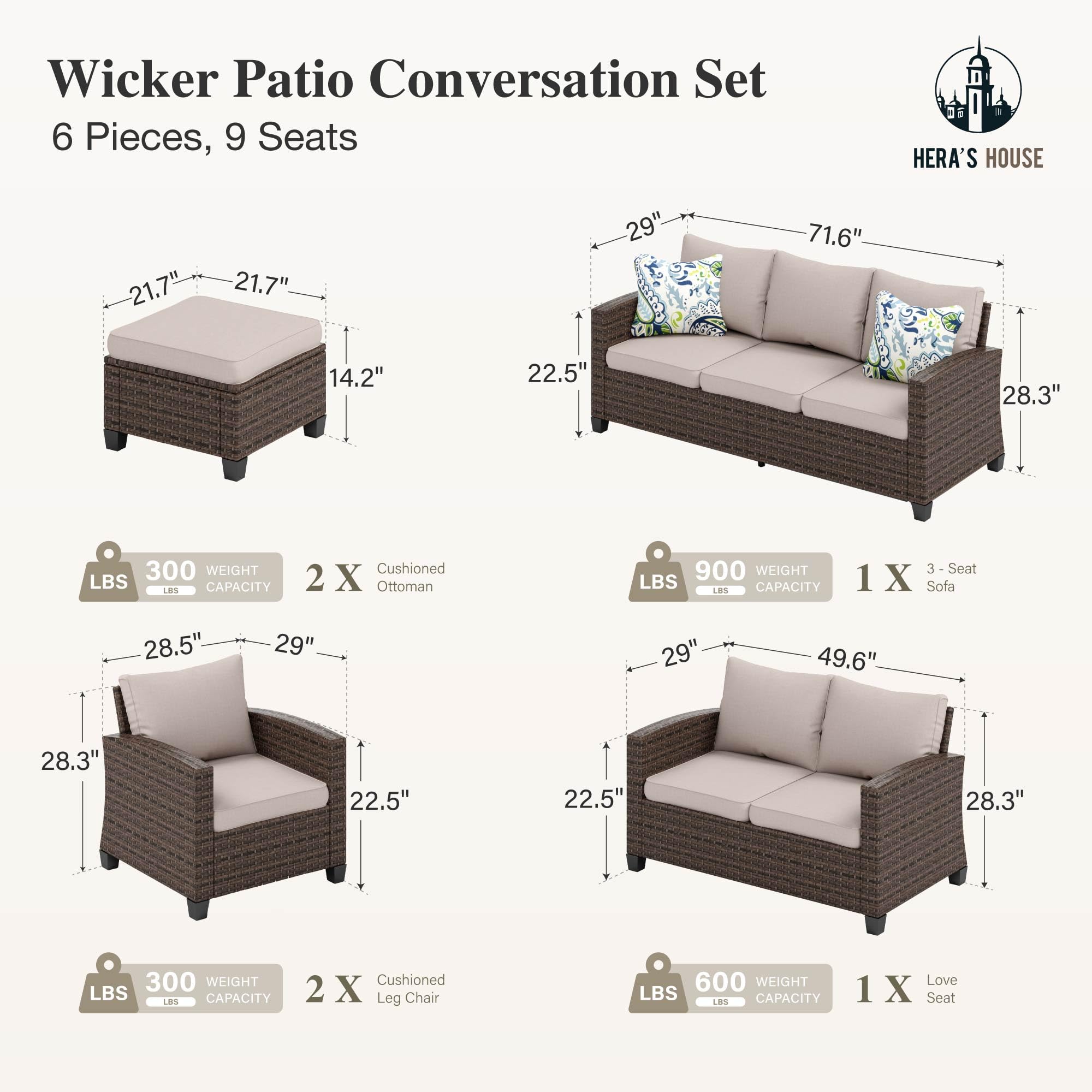 HERA'S HOUSE Patio Furniture Set with 56" Fire Pit Table, Outdoor Patio Conversation Sets, 6 Pieces 7 Seats Wicker Outside Sectional Sofa Set for Lawn Backyard Deck - The Cozy Corner
