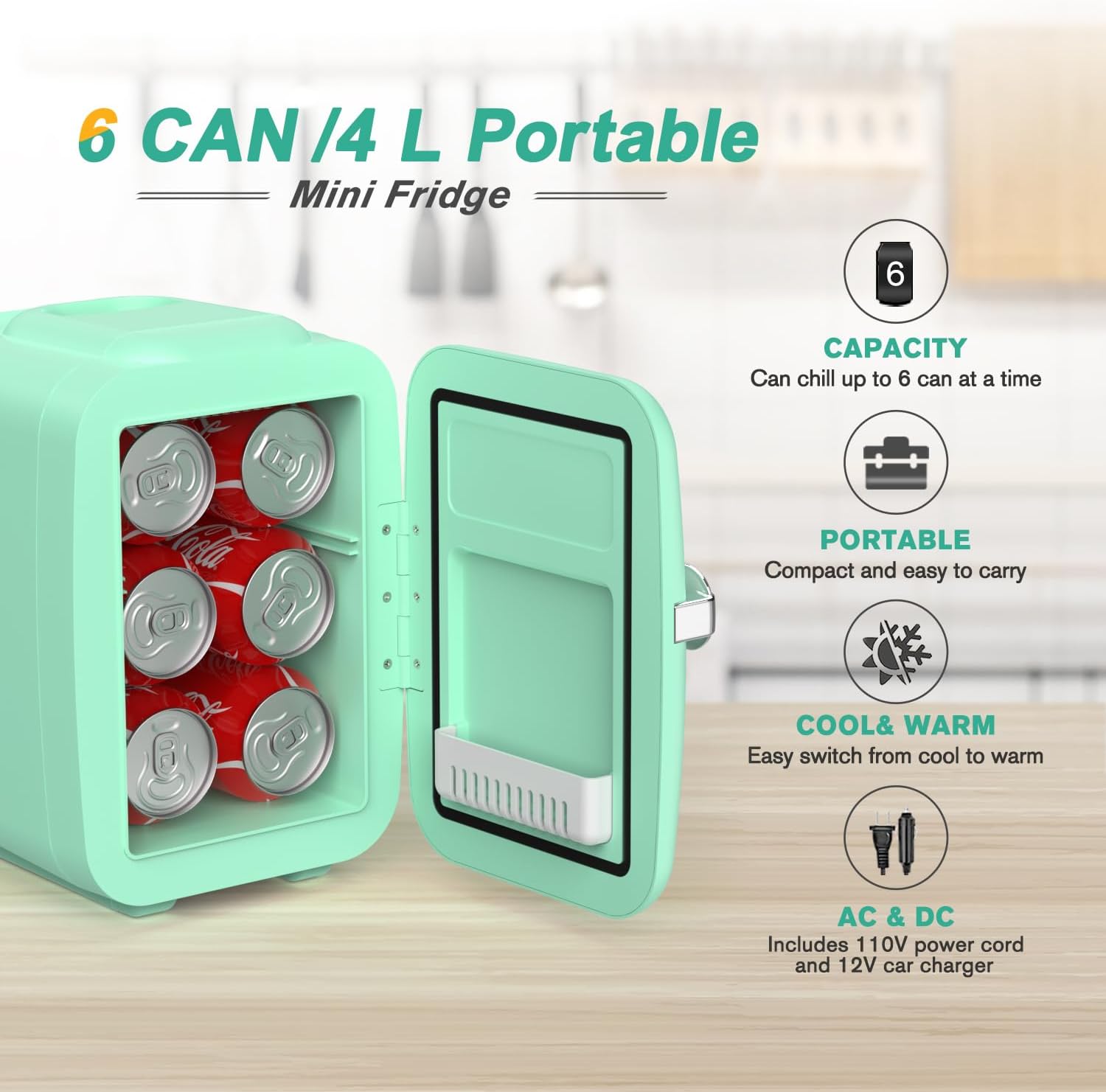 CROWNFUL Mini Fridge, 4 Liter/6 Can Portable Cooler and Warmer Personal Refrigerator for Skin Care, Cosmetics, Beverage, Food,Great for Bedroom, Office, Car, Dorm, ETL Listed (Green) - The Cozy Corner