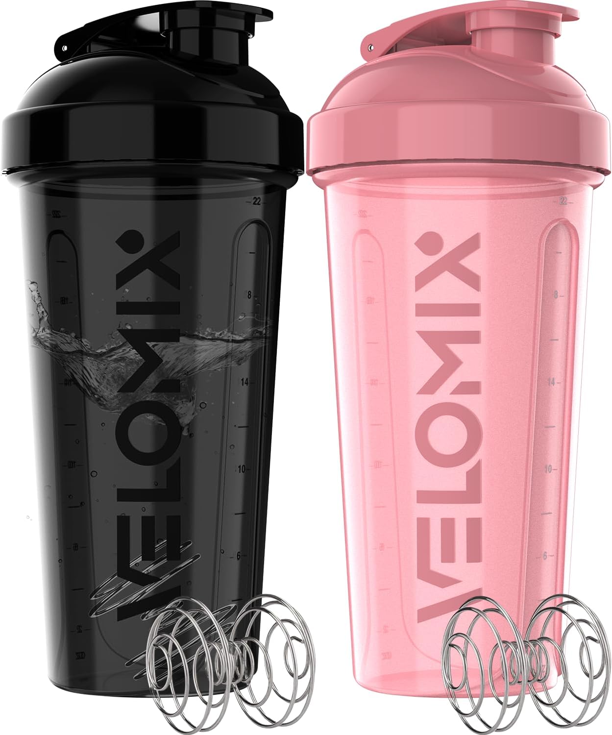 VELOMIX - 2 Pack - 28 oz Protein Shaker Bottles for Protein Mixes - 2x Wire Whisk | Leak Proof Shaker Cups for Protein Shakes | Protein Shaker Bottle Pack (Black/Transparent) - The Cozy Corner