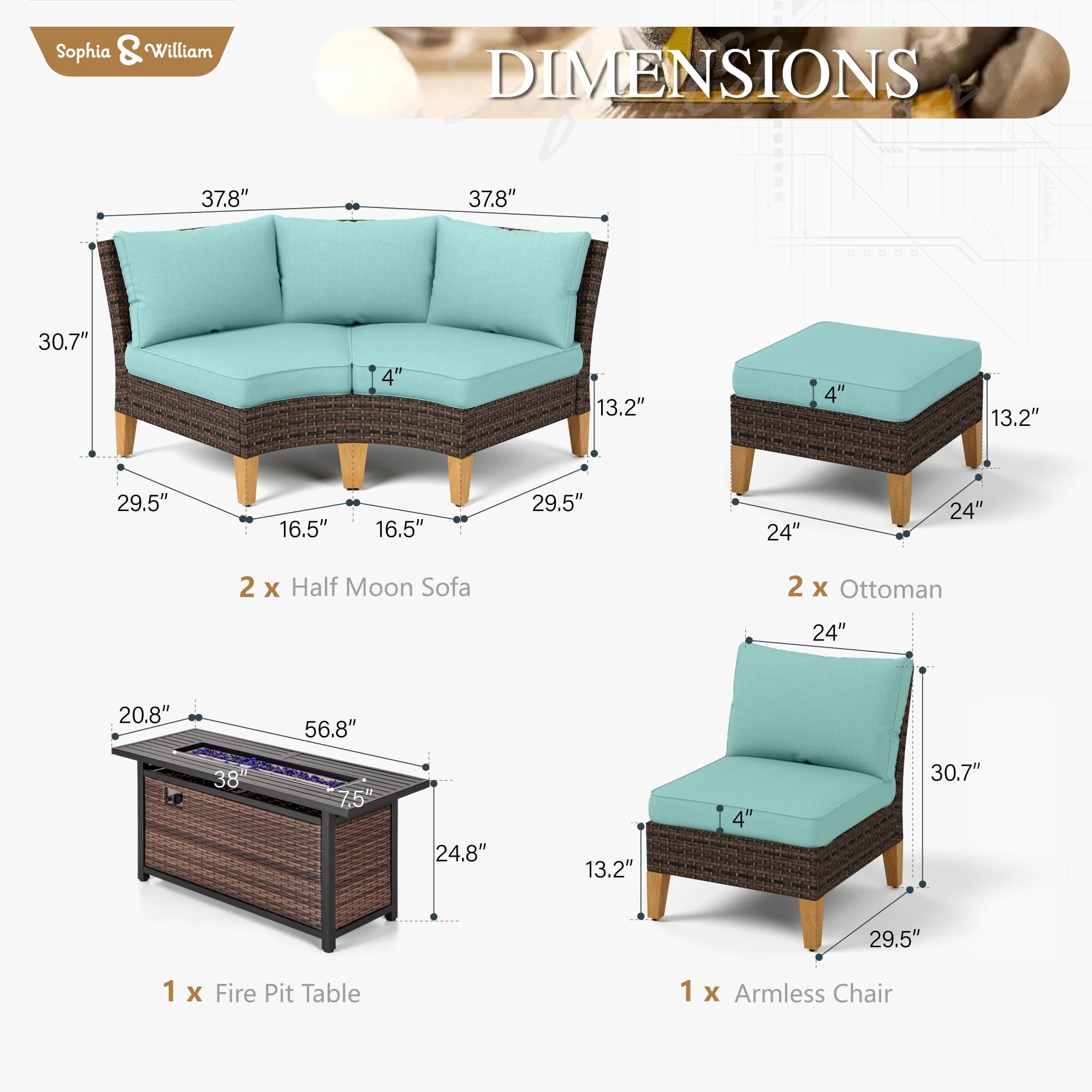 Sophia & William Patio Furniture Set with Fire Pit Table, 8 Piece Half Moon Outdoor Wicker Sectional Sofa Set, Rattan Conversation Set with 56 - Inch Fire Pit Table & Ottoman (Aqua Blue) - The Cozy Corner
