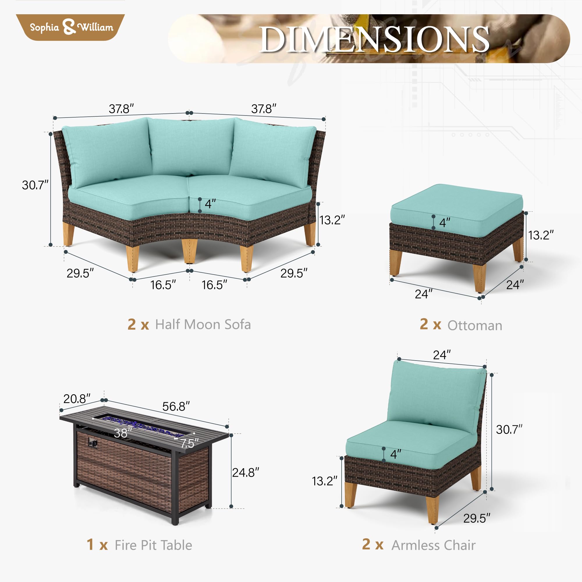 Sophia & William Patio Furniture Set with Fire Pit Table, 8 Piece Half Moon Outdoor Wicker Sectional Sofa Set, Rattan Conversation Set with 56 - Inch Fire Pit Table & Ottoman (Aqua Blue) - The Cozy Corner