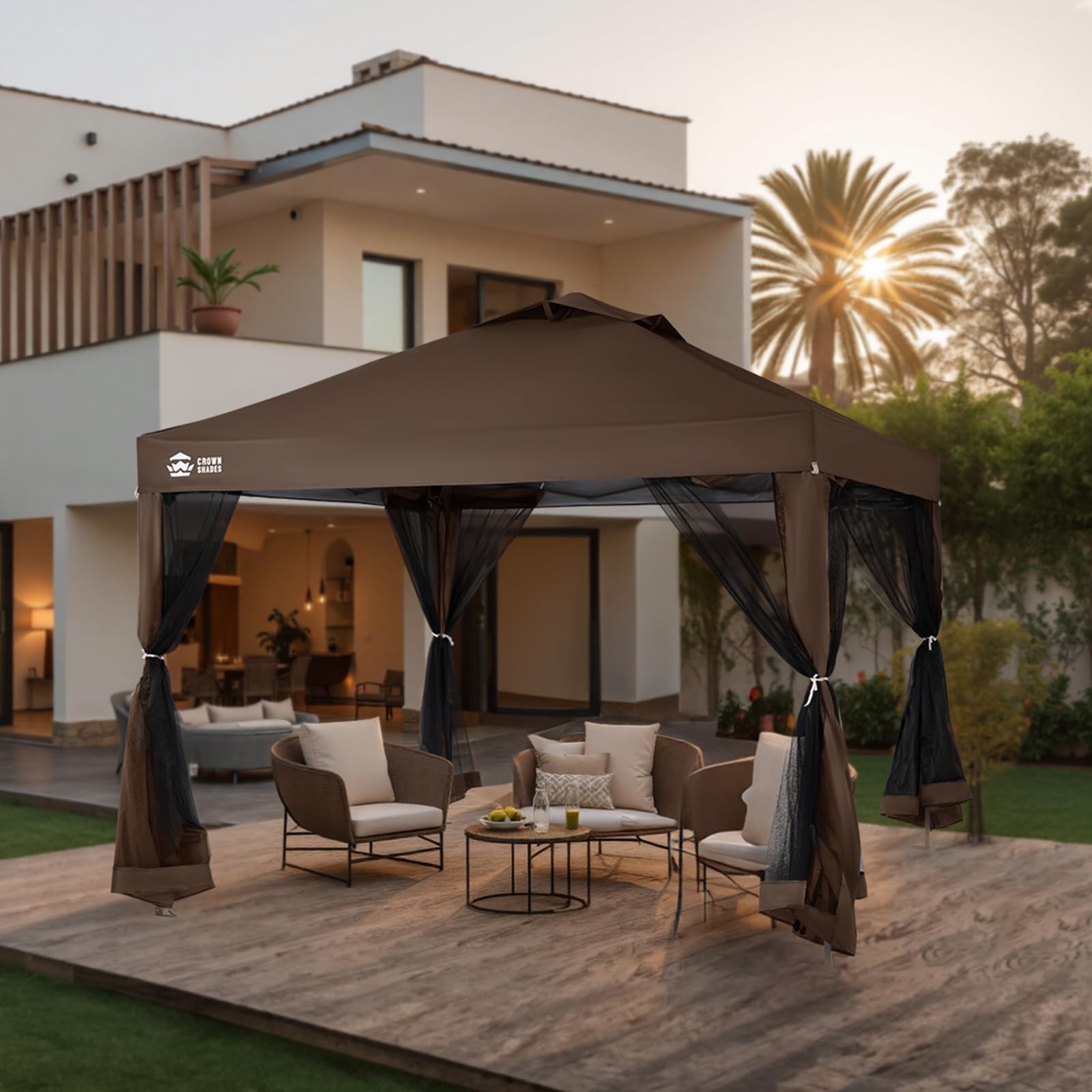 CROWN SHADES 13x13 Pop Up Gazebo, Canopy Tent, Gazebos on Clearance - Outdoor Gazebo for Backyard & Patio Furniture - Carpa Pop Up Tent with Wheeled STO - N - Go Cover Bag (Beige & Coffee) - The Cozy Corner