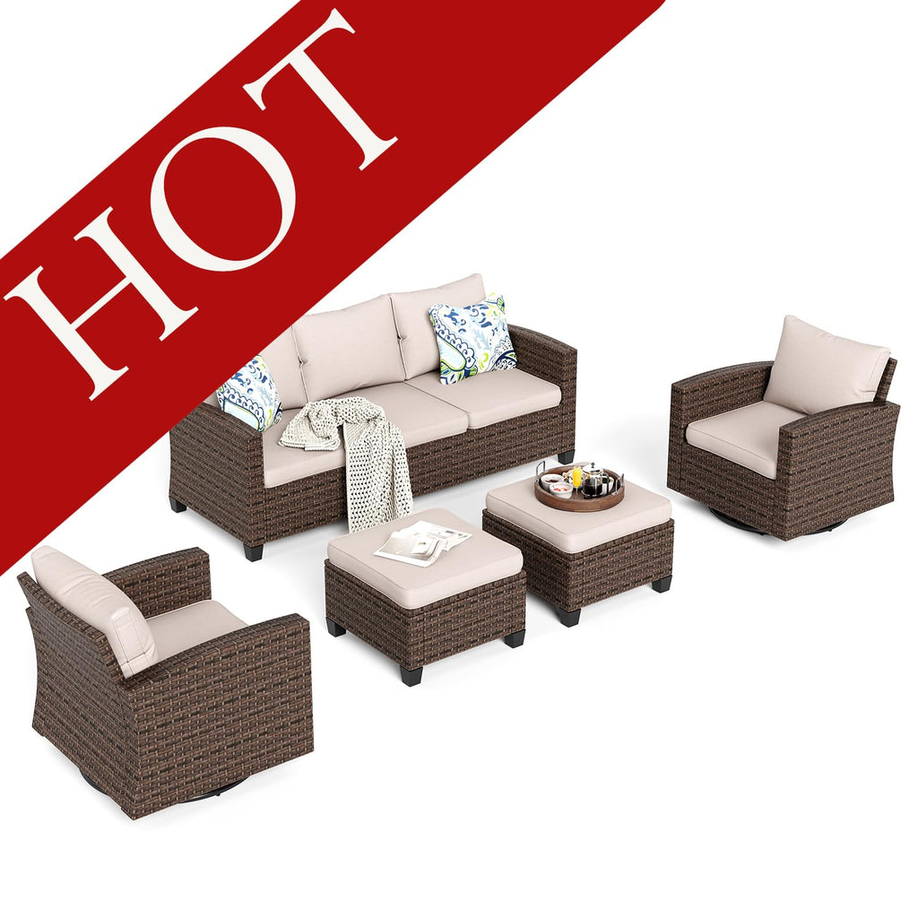 HERA'S HOUSE Patio Furniture Set with 56" Fire Pit Table, Outdoor Patio Conversation Sets, 6 Pieces 7 Seats Wicker Outside Sectional Sofa Set for Lawn Backyard Deck - The Cozy Corner