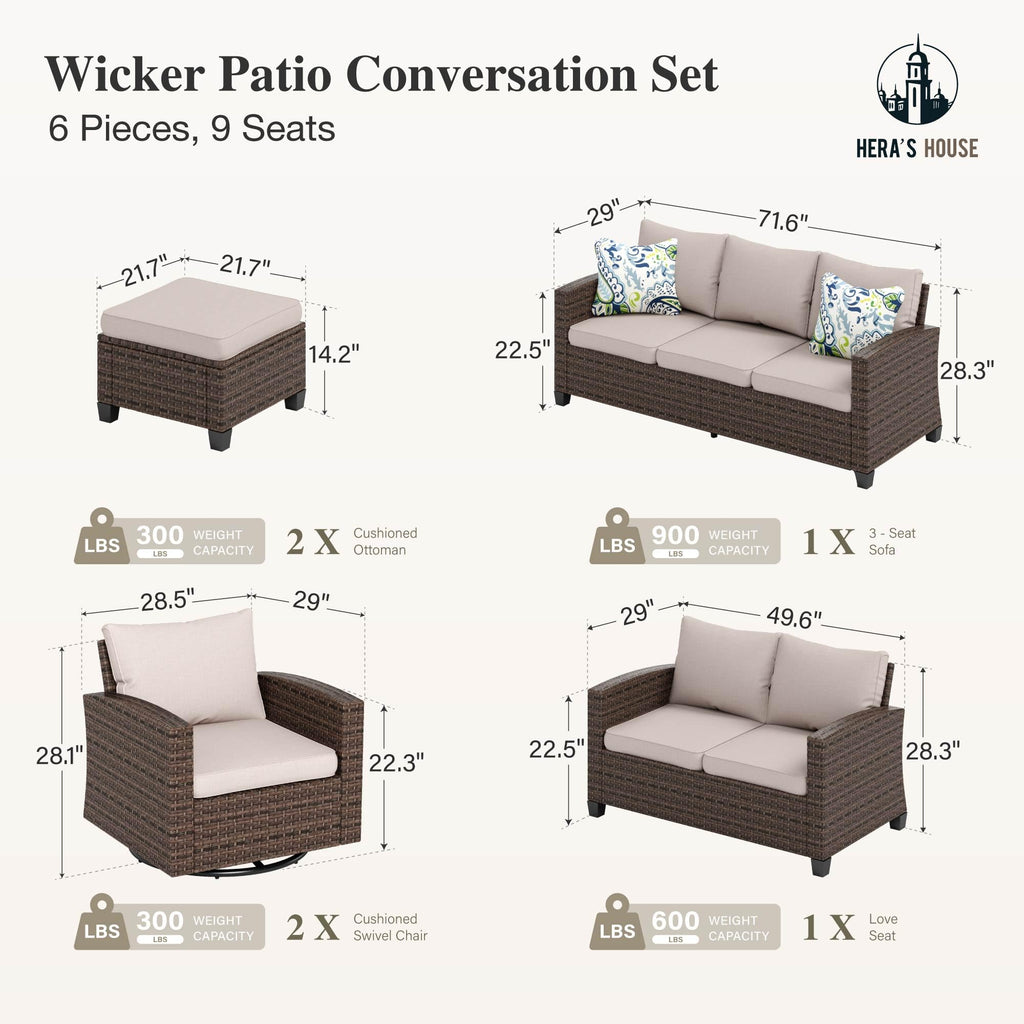 HERA'S HOUSE Patio Furniture Set with 56" Fire Pit Table, Outdoor Patio Conversation Sets, 6 Pieces 7 Seats Wicker Outside Sectional Sofa Set for Lawn Backyard Deck - The Cozy Corner