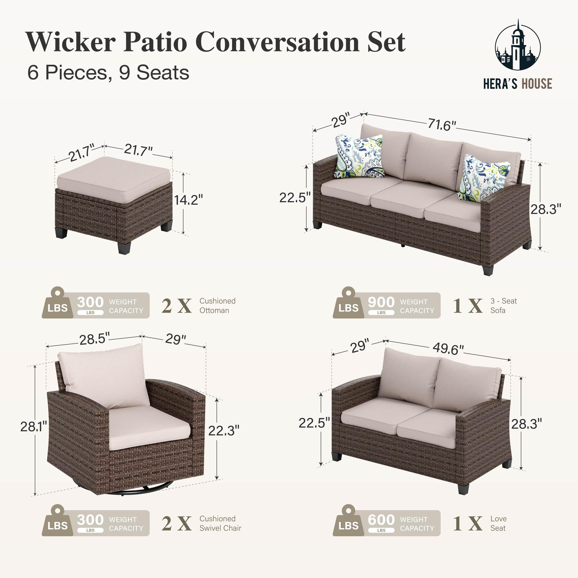 HERA'S HOUSE Patio Furniture Set with 56" Fire Pit Table, Outdoor Patio Conversation Sets, 6 Pieces 7 Seats Wicker Outside Sectional Sofa Set for Lawn Backyard Deck - The Cozy Corner