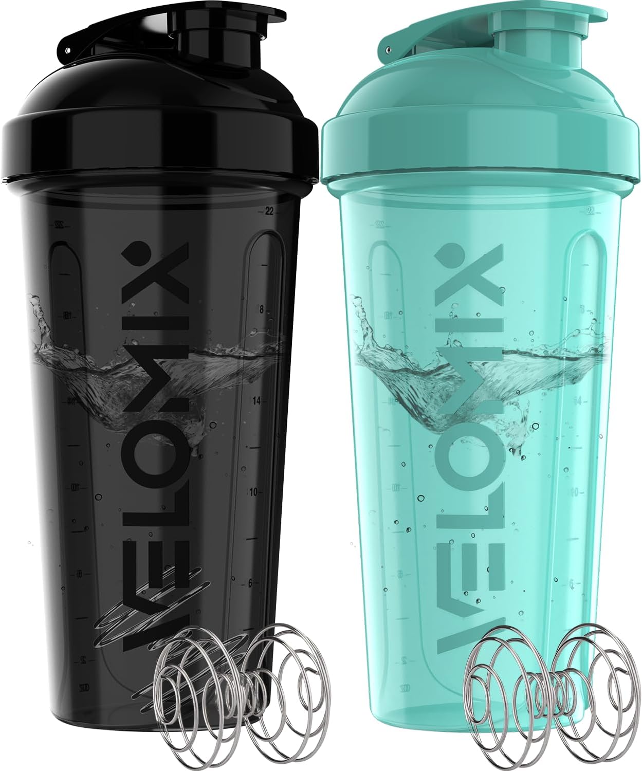 VELOMIX - 2 Pack - 28 oz Protein Shaker Bottles for Protein Mixes - 2x Wire Whisk | Leak Proof Shaker Cups for Protein Shakes | Protein Shaker Bottle Pack (Black/Transparent) - The Cozy Corner