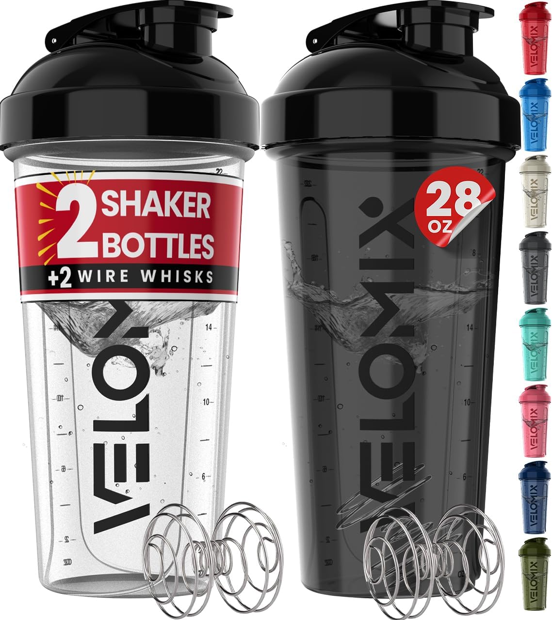 VELOMIX - 2 Pack - 28 oz Protein Shaker Bottles for Protein Mixes - 2x Wire Whisk | Leak Proof Shaker Cups for Protein Shakes | Protein Shaker Bottle Pack (Black/Transparent) - The Cozy Corner
