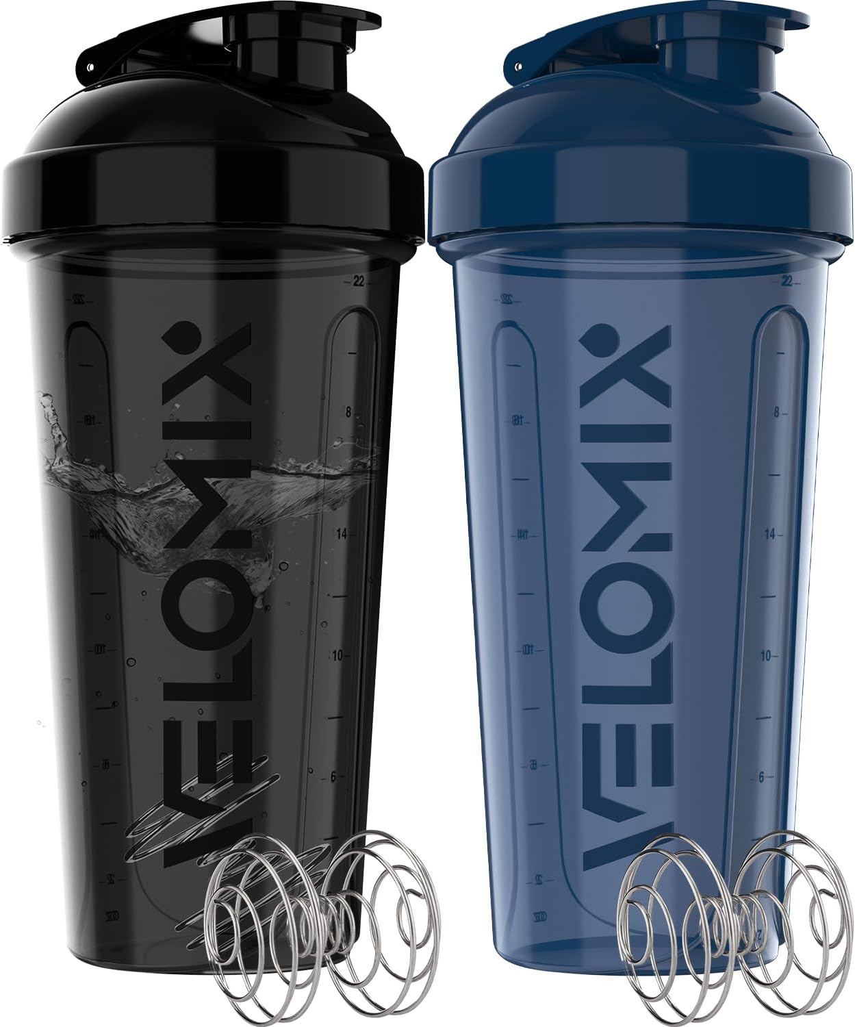 VELOMIX - 2 Pack - 28 oz Protein Shaker Bottles for Protein Mixes - 2x Wire Whisk | Leak Proof Shaker Cups for Protein Shakes | Protein Shaker Bottle Pack (Black/Transparent) - The Cozy Corner