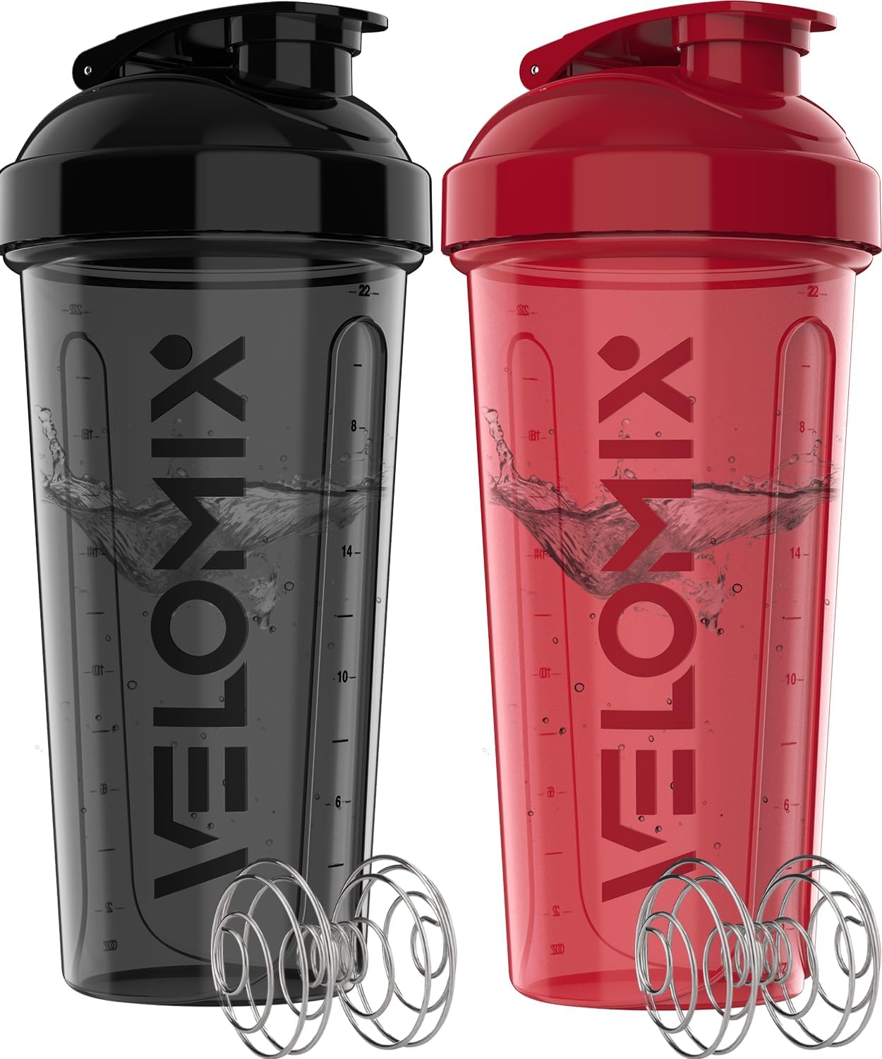 VELOMIX - 2 Pack - 28 oz Protein Shaker Bottles for Protein Mixes - 2x Wire Whisk | Leak Proof Shaker Cups for Protein Shakes | Protein Shaker Bottle Pack (Black/Transparent) - The Cozy Corner