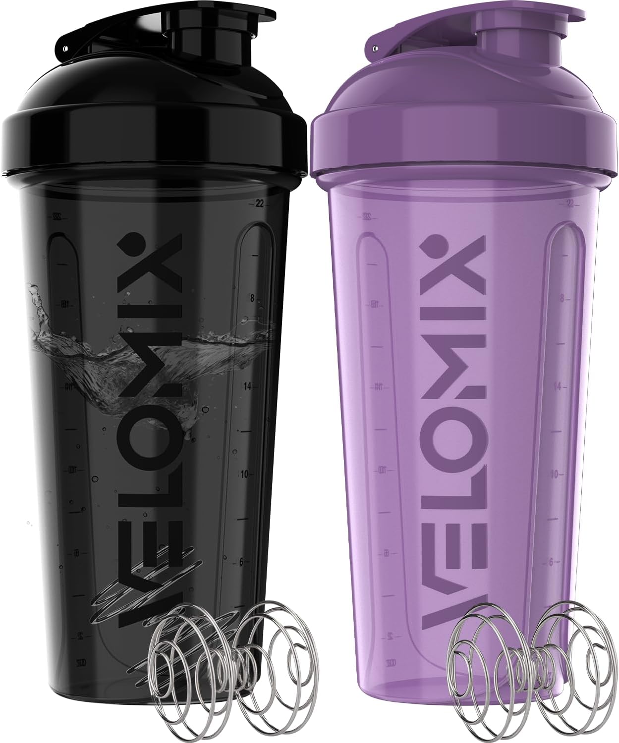 VELOMIX - 2 Pack - 28 oz Protein Shaker Bottles for Protein Mixes - 2x Wire Whisk | Leak Proof Shaker Cups for Protein Shakes | Protein Shaker Bottle Pack (Black/Transparent) - The Cozy Corner
