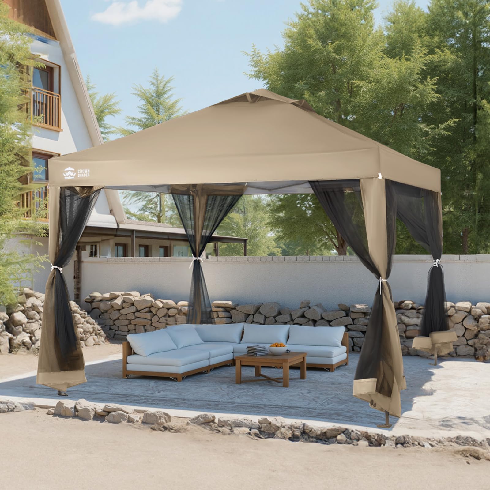 CROWN SHADES 13x13 Pop Up Gazebo, Canopy Tent, Gazebos on Clearance - Outdoor Gazebo for Backyard & Patio Furniture - Carpa Pop Up Tent with Wheeled STO - N - Go Cover Bag (Beige & Coffee) - The Cozy Corner