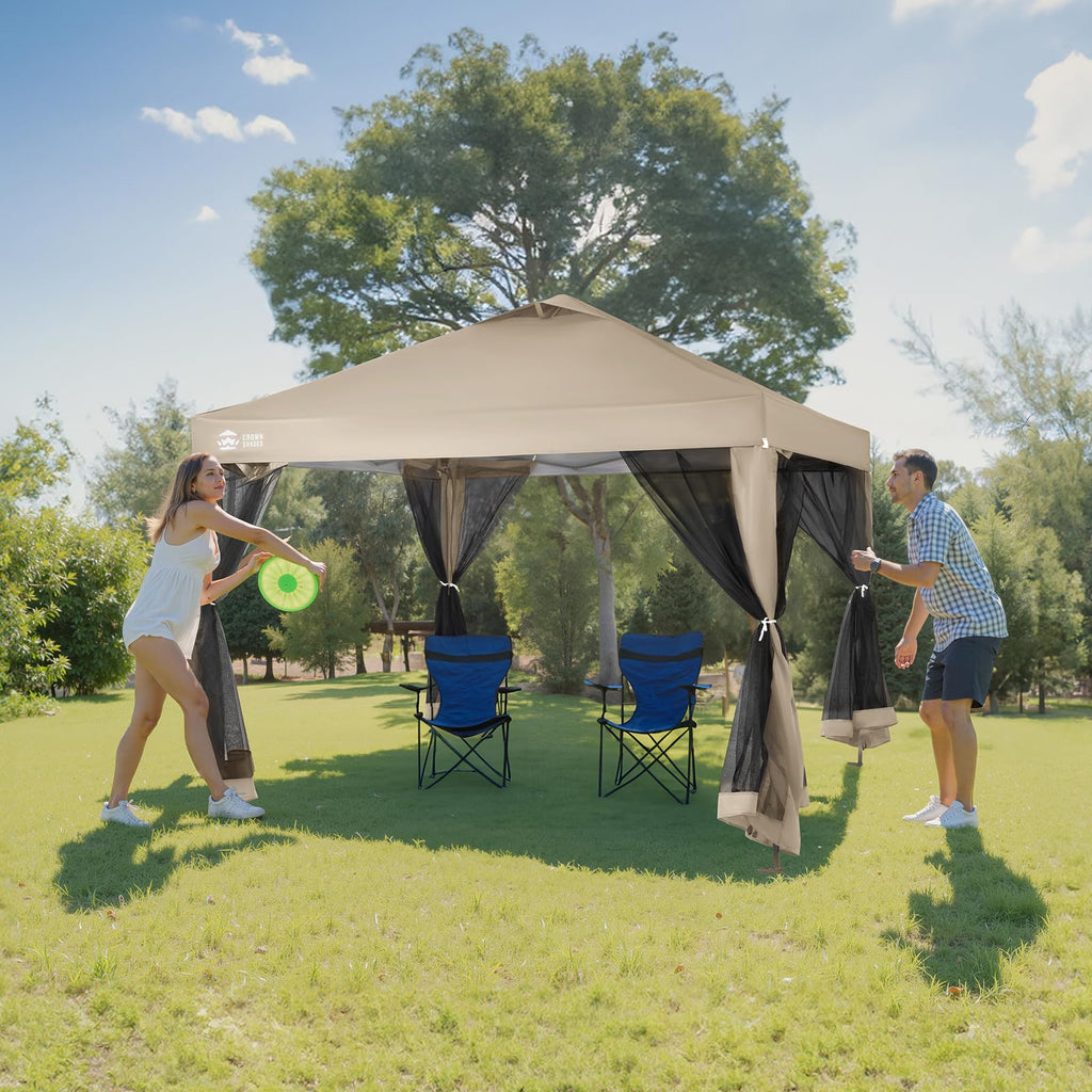 CROWN SHADES 13x13 Pop Up Gazebo, Canopy Tent, Gazebos on Clearance - Outdoor Gazebo for Backyard & Patio Furniture - Carpa Pop Up Tent with Wheeled STO - N - Go Cover Bag (Beige & Coffee) - The Cozy Corner