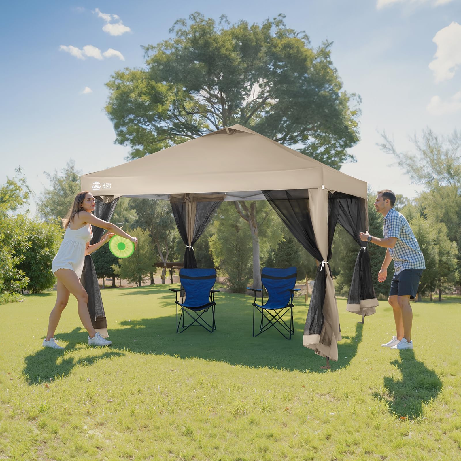 CROWN SHADES 13x13 Pop Up Gazebo, Canopy Tent, Gazebos on Clearance - Outdoor Gazebo for Backyard & Patio Furniture - Carpa Pop Up Tent with Wheeled STO - N - Go Cover Bag (Beige & Coffee) - The Cozy Corner
