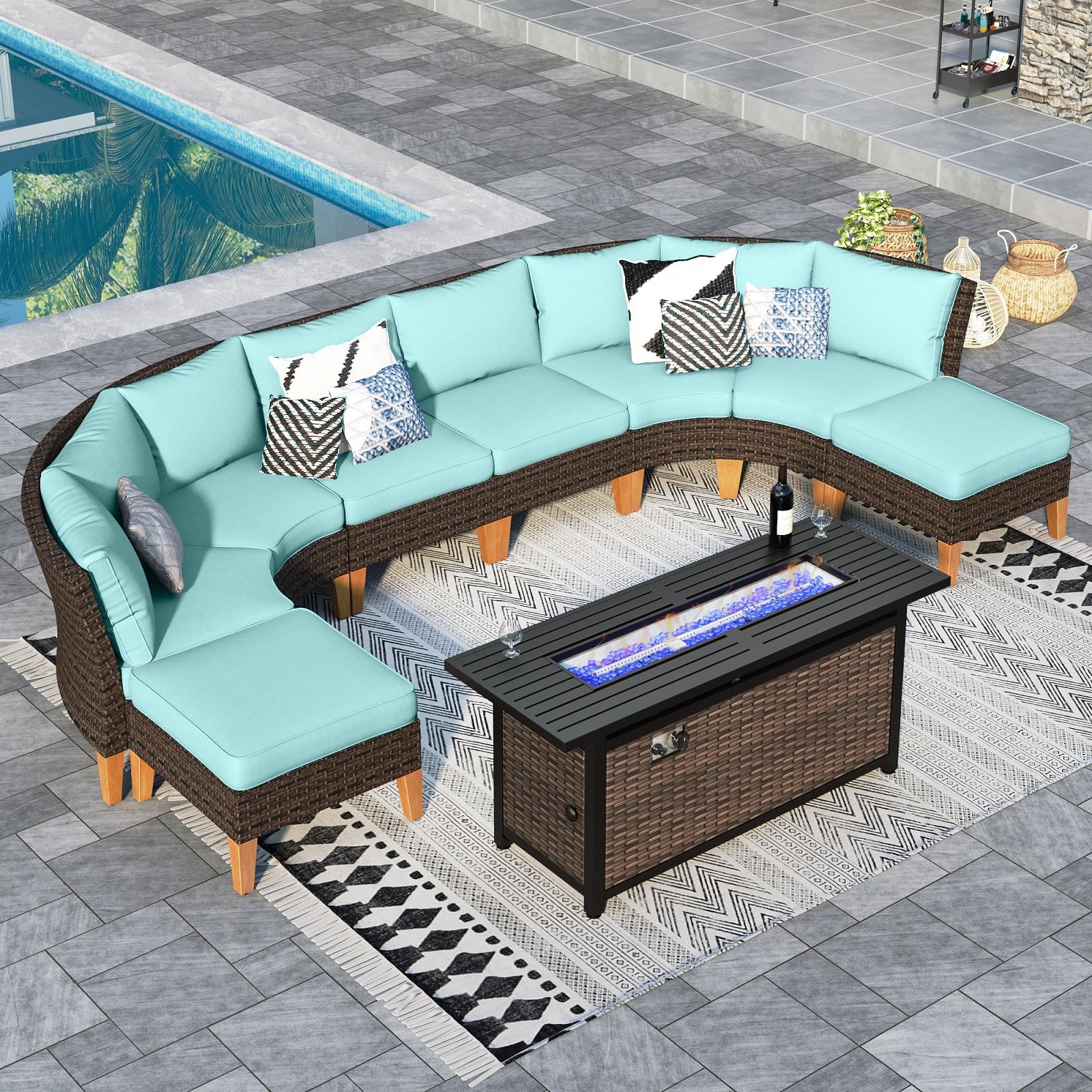 Sophia & William Patio Furniture Set with Fire Pit Table, 8 Piece Half Moon Outdoor Wicker Sectional Sofa Set, Rattan Conversation Set with 56 - Inch Fire Pit Table & Ottoman (Aqua Blue) - The Cozy Corner