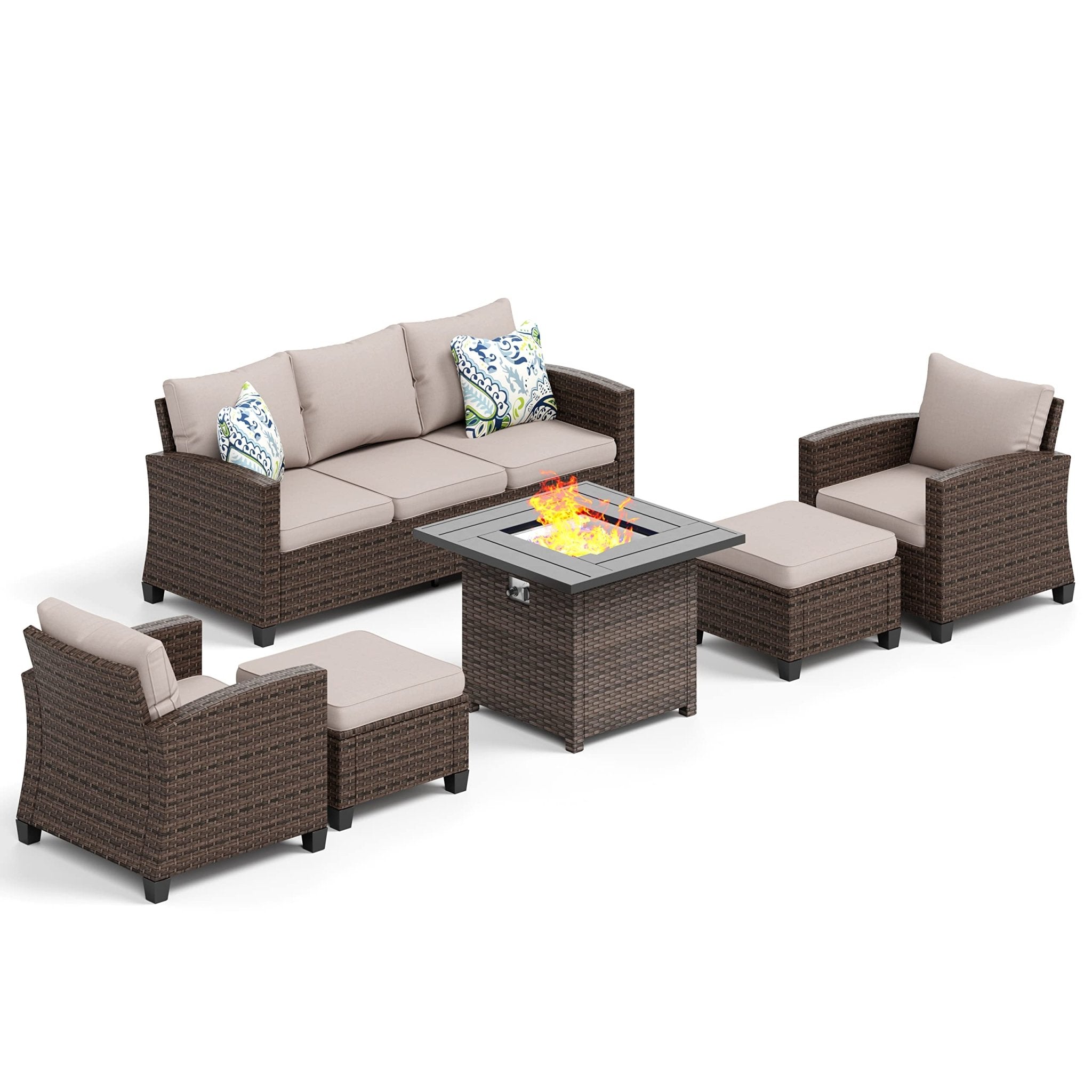 HERA'S HOUSE Patio Furniture Set with 56" Fire Pit Table, Outdoor Patio Conversation Sets, 6 Pieces 7 Seats Wicker Outside Sectional Sofa Set for Lawn Backyard Deck - The Cozy Corner
