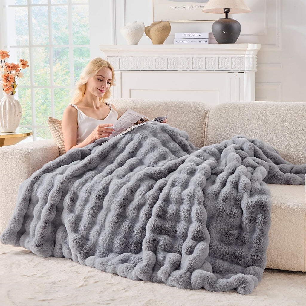 BENVWE Fluffy Faux Fur Throw Blanket for Couch, Soft Plush Thick Cozy Fuzzy Luxury Minky Bubble Blanket for Home Living Room Decor Gift for Women, Navy Blue, 63" x 80", 1100GSM - The Cozy Corner