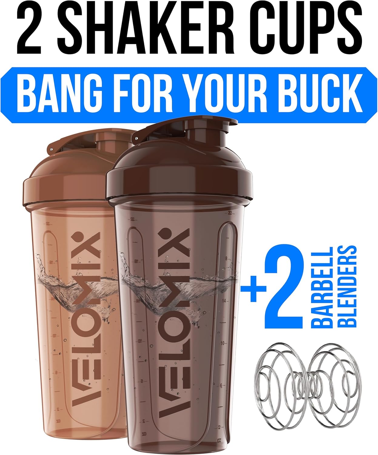 VELOMIX - 2 Pack - 28 oz Protein Shaker Bottles for Protein Mixes - 2x Wire Whisk | Leak Proof Shaker Cups for Protein Shakes | Protein Shaker Bottle Pack (Black/Transparent) - The Cozy Corner
