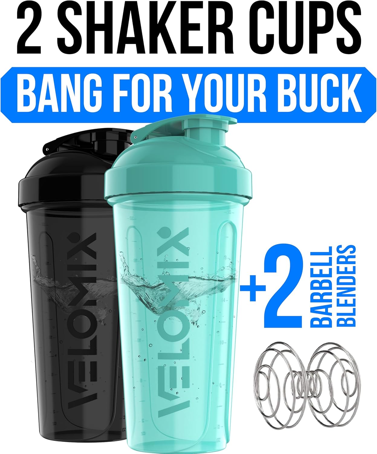 VELOMIX - 2 Pack - 28 oz Protein Shaker Bottles for Protein Mixes - 2x Wire Whisk | Leak Proof Shaker Cups for Protein Shakes | Protein Shaker Bottle Pack (Black/Transparent) - The Cozy Corner