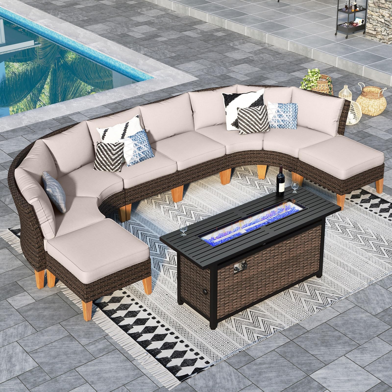 Sophia & William Patio Furniture Set with Fire Pit Table, 8 Piece Half Moon Outdoor Wicker Sectional Sofa Set, Rattan Conversation Set with 56 - Inch Fire Pit Table & Ottoman (Aqua Blue) - The Cozy Corner