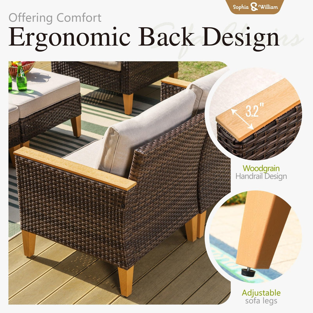 Sophia & William Patio Furniture Set with Fire Pit Table, 8 Piece Half Moon Outdoor Wicker Sectional Sofa Set, Rattan Conversation Set with 56 - Inch Fire Pit Table & Ottoman (Aqua Blue) - The Cozy Corner