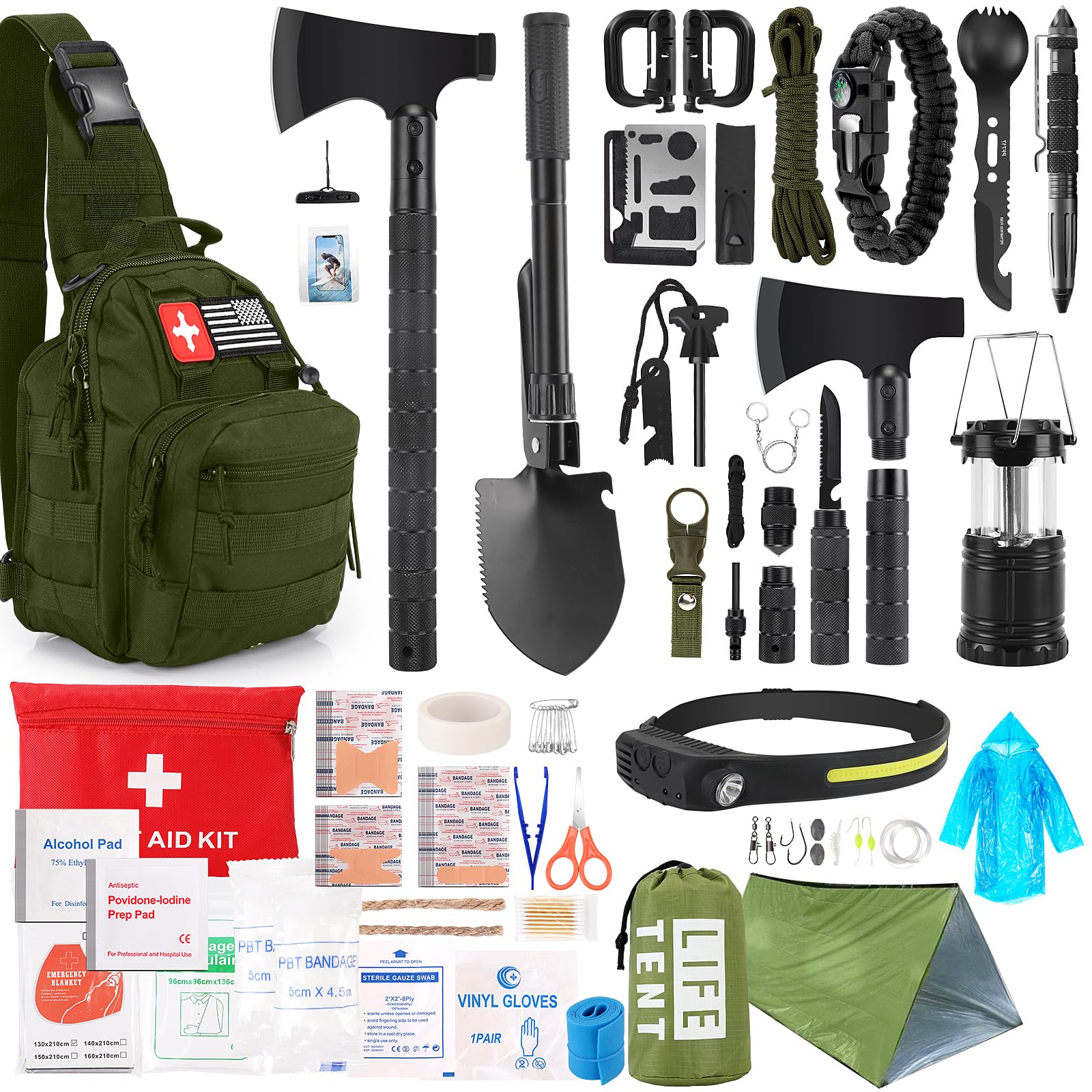 Survival Kit, 268 Pcs Emergency Survival Gear and Equipment Supplies with First Aid Kit, Camping Axe, Headlamp, Crossbody Bag for Camping Hiking, Hunting, Gift for Christmas Men, Dads, Black - The Cozy Corner