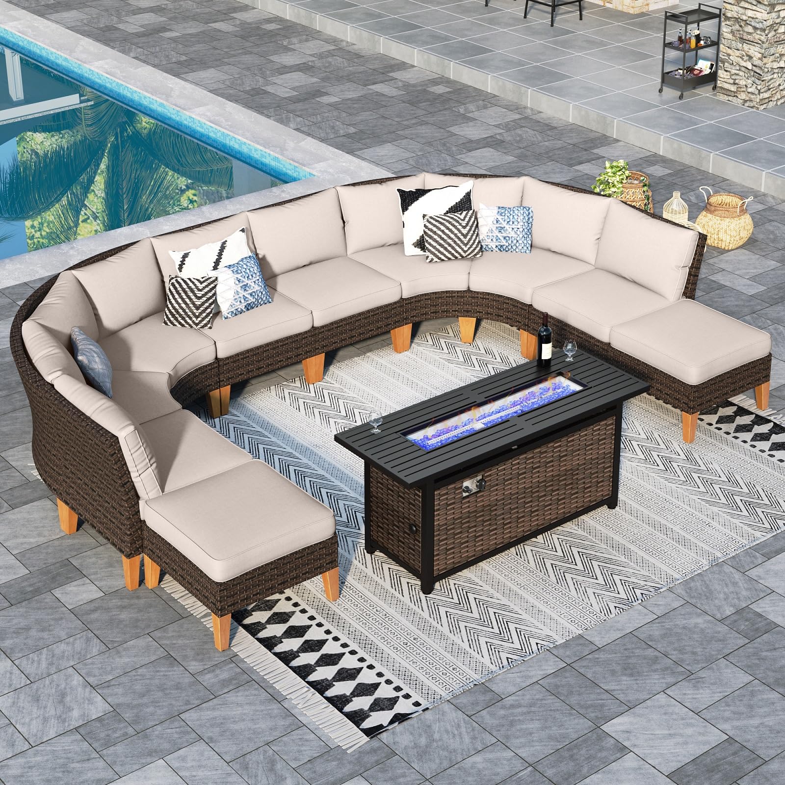 Sophia & William Patio Furniture Set with Fire Pit Table, 8 Piece Half Moon Outdoor Wicker Sectional Sofa Set, Rattan Conversation Set with 56 - Inch Fire Pit Table & Ottoman (Aqua Blue) - The Cozy Corner