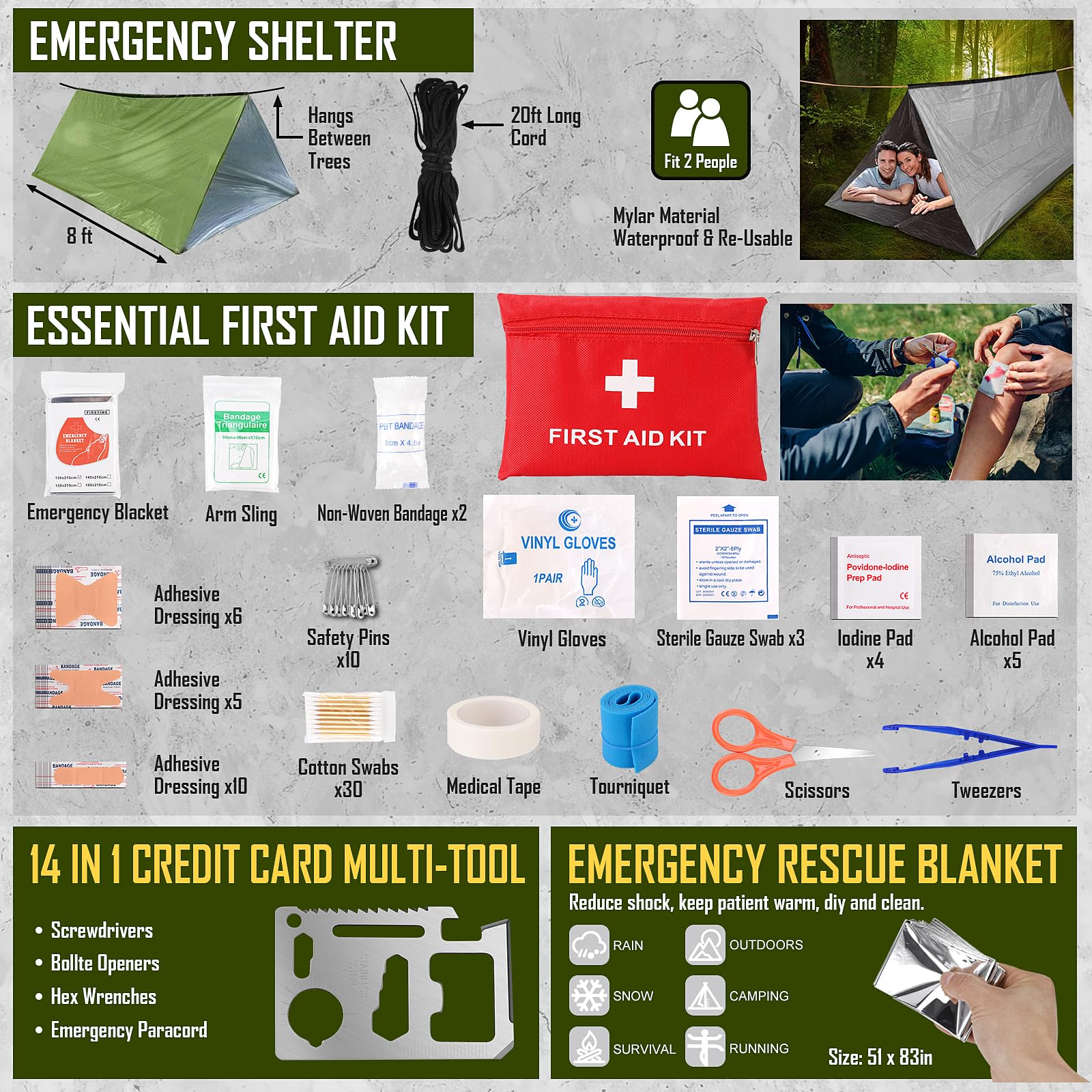 Survival Kit, 268 Pcs Emergency Survival Gear and Equipment Supplies with First Aid Kit, Camping Axe, Headlamp, Crossbody Bag for Camping Hiking, Hunting, Gift for Christmas Men, Dads, Black - The Cozy Corner