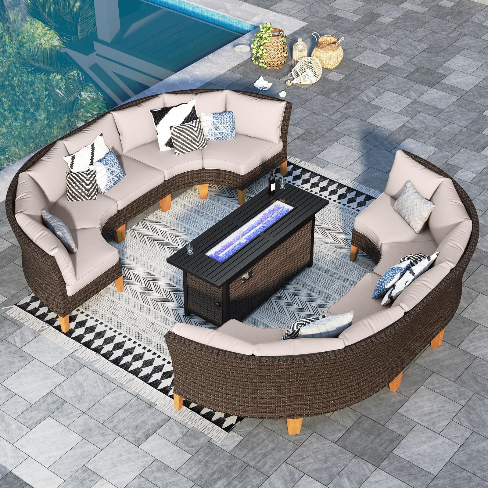 Sophia & William Patio Furniture Set with Fire Pit Table, 8 Piece Half Moon Outdoor Wicker Sectional Sofa Set, Rattan Conversation Set with 56 - Inch Fire Pit Table & Ottoman (Aqua Blue) - The Cozy Corner