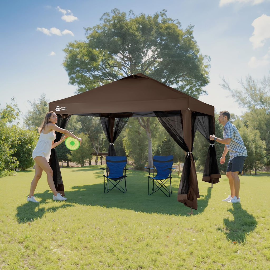 CROWN SHADES 13x13 Pop Up Gazebo, Canopy Tent, Gazebos on Clearance - Outdoor Gazebo for Backyard & Patio Furniture - Carpa Pop Up Tent with Wheeled STO - N - Go Cover Bag (Beige & Coffee) - The Cozy Corner