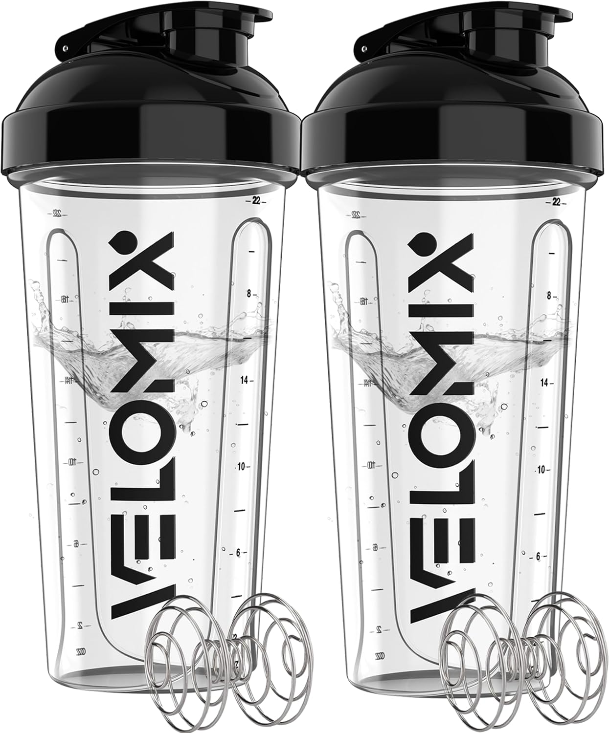 VELOMIX - 2 Pack - 28 oz Protein Shaker Bottles for Protein Mixes - 2x Wire Whisk | Leak Proof Shaker Cups for Protein Shakes | Protein Shaker Bottle Pack (Black/Transparent) - The Cozy Corner