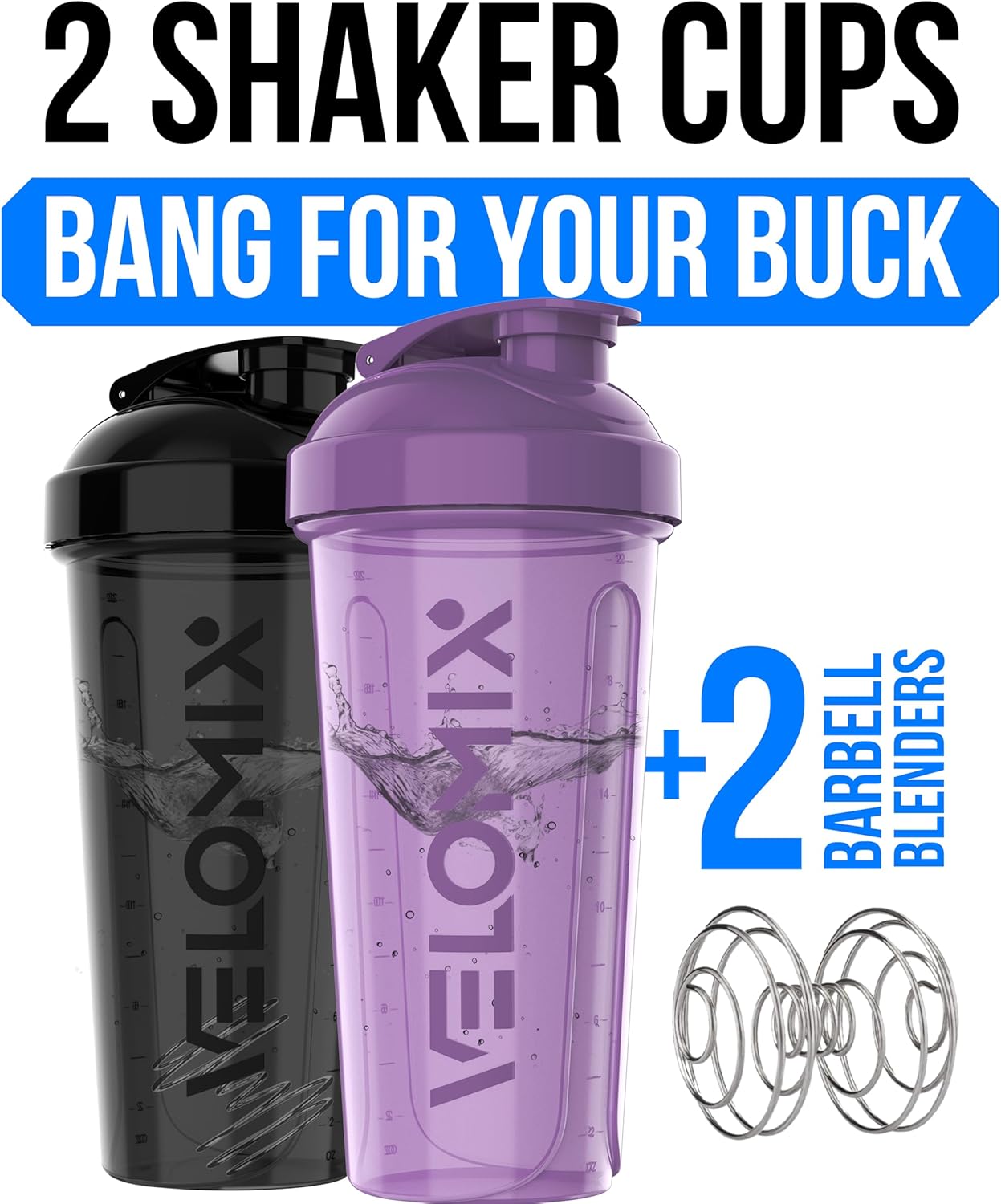 VELOMIX - 2 Pack - 28 oz Protein Shaker Bottles for Protein Mixes - 2x Wire Whisk | Leak Proof Shaker Cups for Protein Shakes | Protein Shaker Bottle Pack (Black/Transparent) - The Cozy Corner