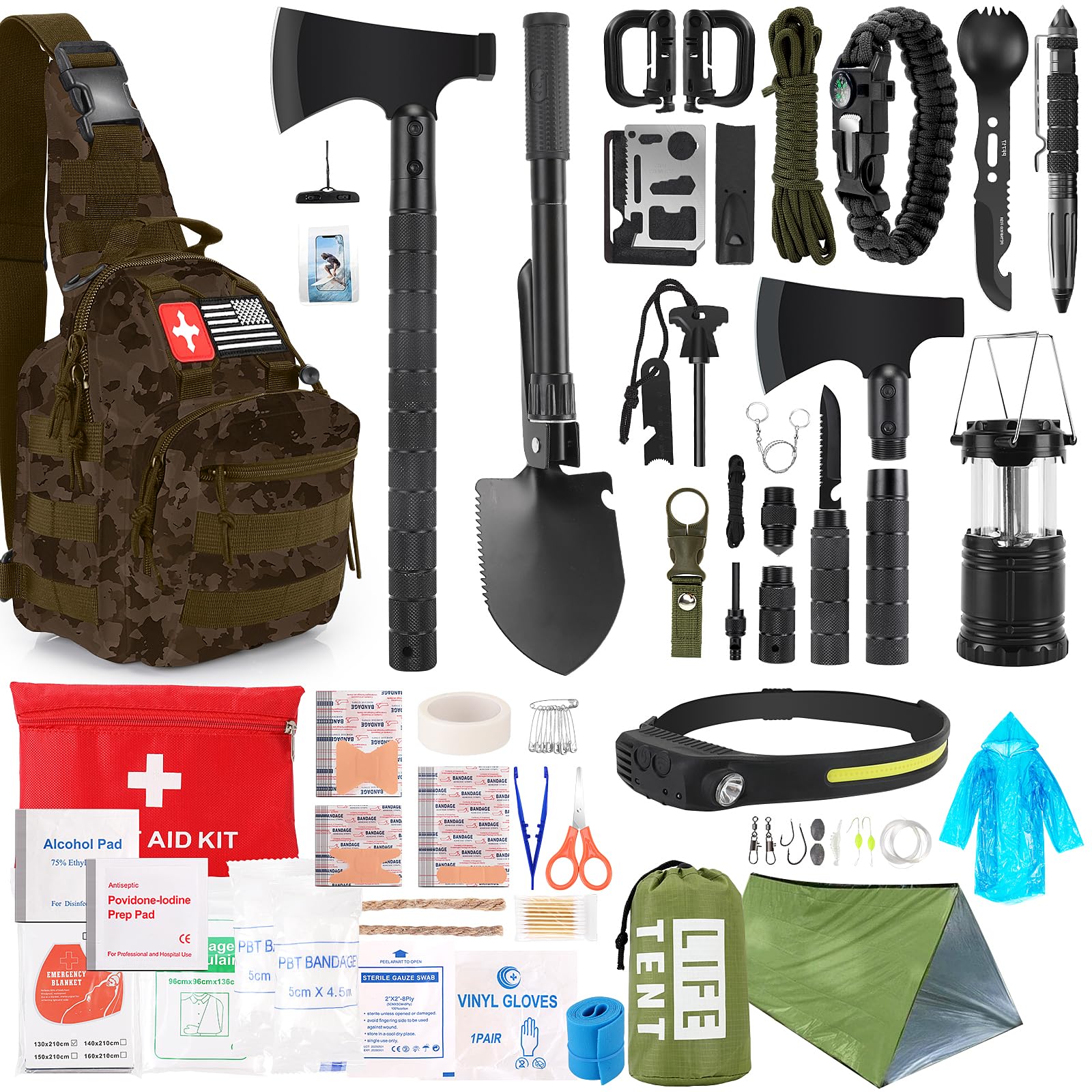Survival Kit, 268 Pcs Emergency Survival Gear and Equipment Supplies with First Aid Kit, Camping Axe, Headlamp, Crossbody Bag for Camping Hiking, Hunting, Gift for Christmas Men, Dads, Black - The Cozy Corner
