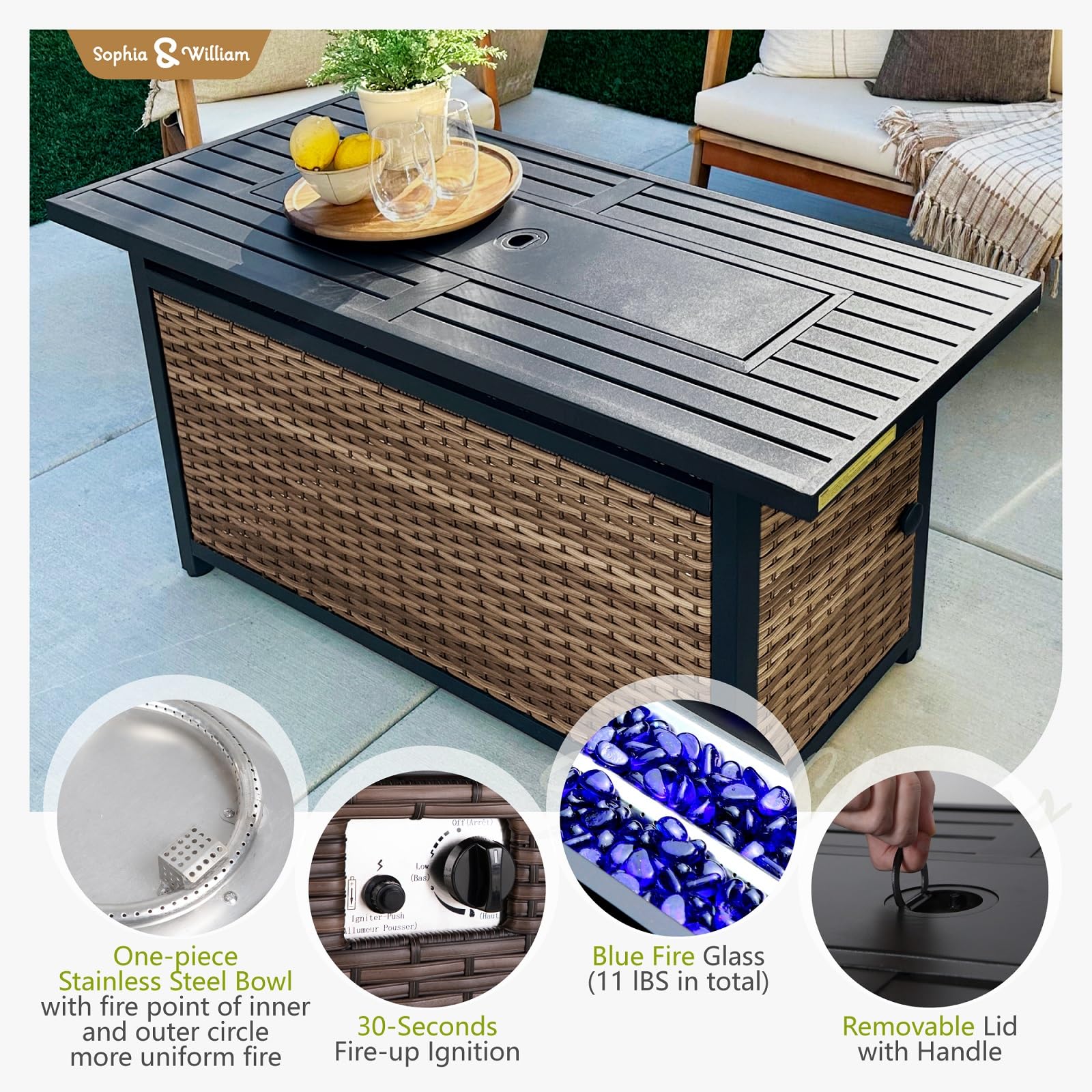Sophia & William Patio Furniture Set with Fire Pit Table, 8 Piece Half Moon Outdoor Wicker Sectional Sofa Set, Rattan Conversation Set with 56 - Inch Fire Pit Table & Ottoman (Aqua Blue) - The Cozy Corner