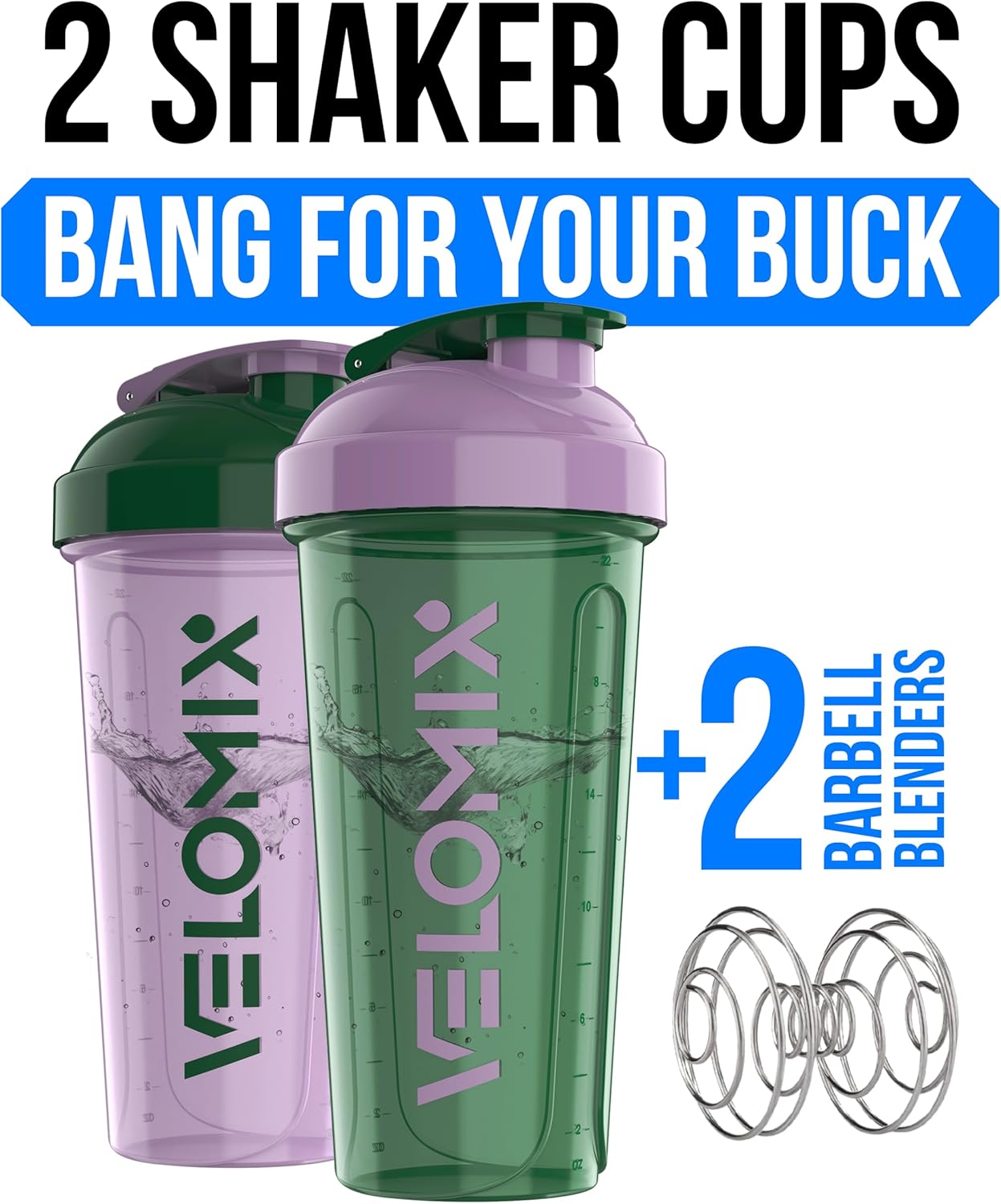 VELOMIX - 2 Pack - 28 oz Protein Shaker Bottles for Protein Mixes - 2x Wire Whisk | Leak Proof Shaker Cups for Protein Shakes | Protein Shaker Bottle Pack (Black/Transparent) - The Cozy Corner