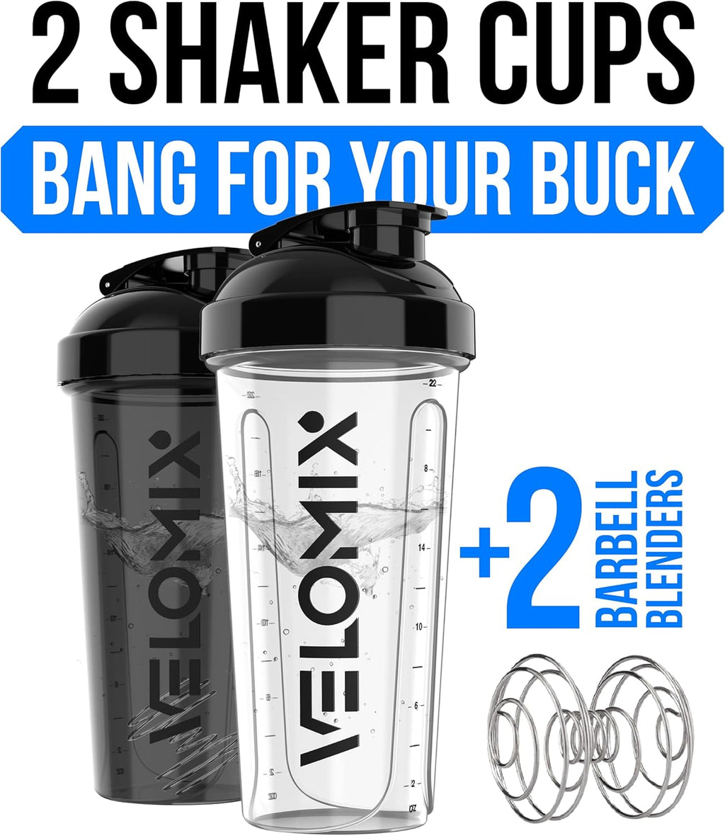 VELOMIX - 2 Pack - 28 oz Protein Shaker Bottles for Protein Mixes - 2x Wire Whisk | Leak Proof Shaker Cups for Protein Shakes | Protein Shaker Bottle Pack (Black/Transparent) - The Cozy Corner