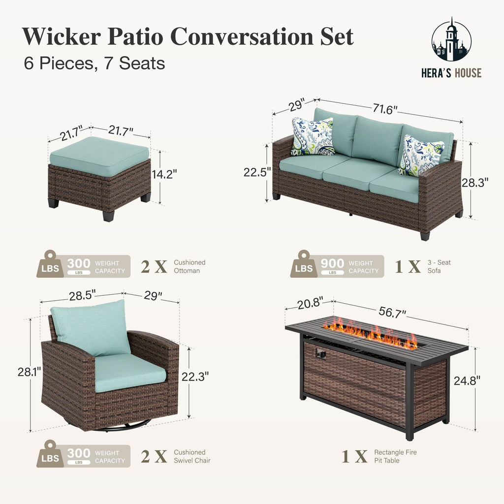 HERA'S HOUSE Patio Furniture Set with 56" Fire Pit Table, Outdoor Patio Conversation Sets, 6 Pieces 7 Seats Wicker Outside Sectional Sofa Set for Lawn Backyard Deck - The Cozy Corner