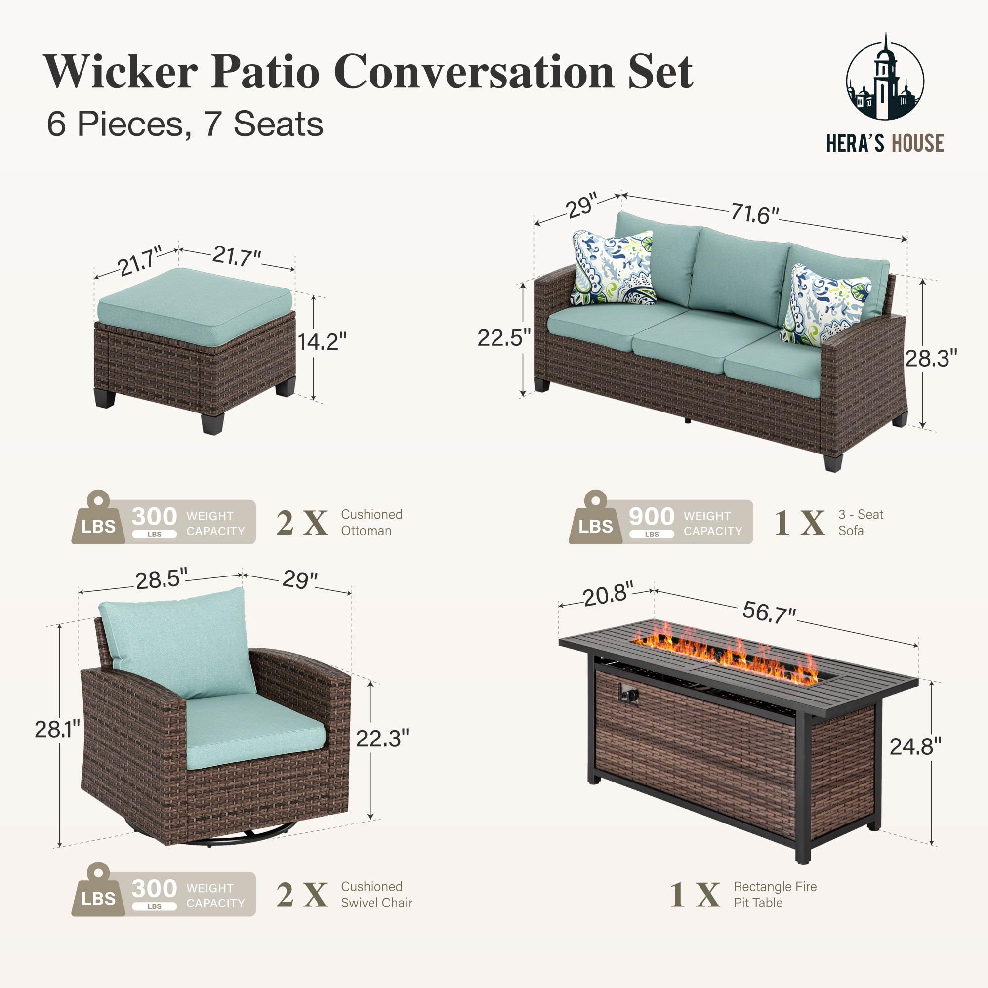 HERA'S HOUSE Patio Furniture Set with 56" Fire Pit Table, Outdoor Patio Conversation Sets, 6 Pieces 7 Seats Wicker Outside Sectional Sofa Set for Lawn Backyard Deck - The Cozy Corner