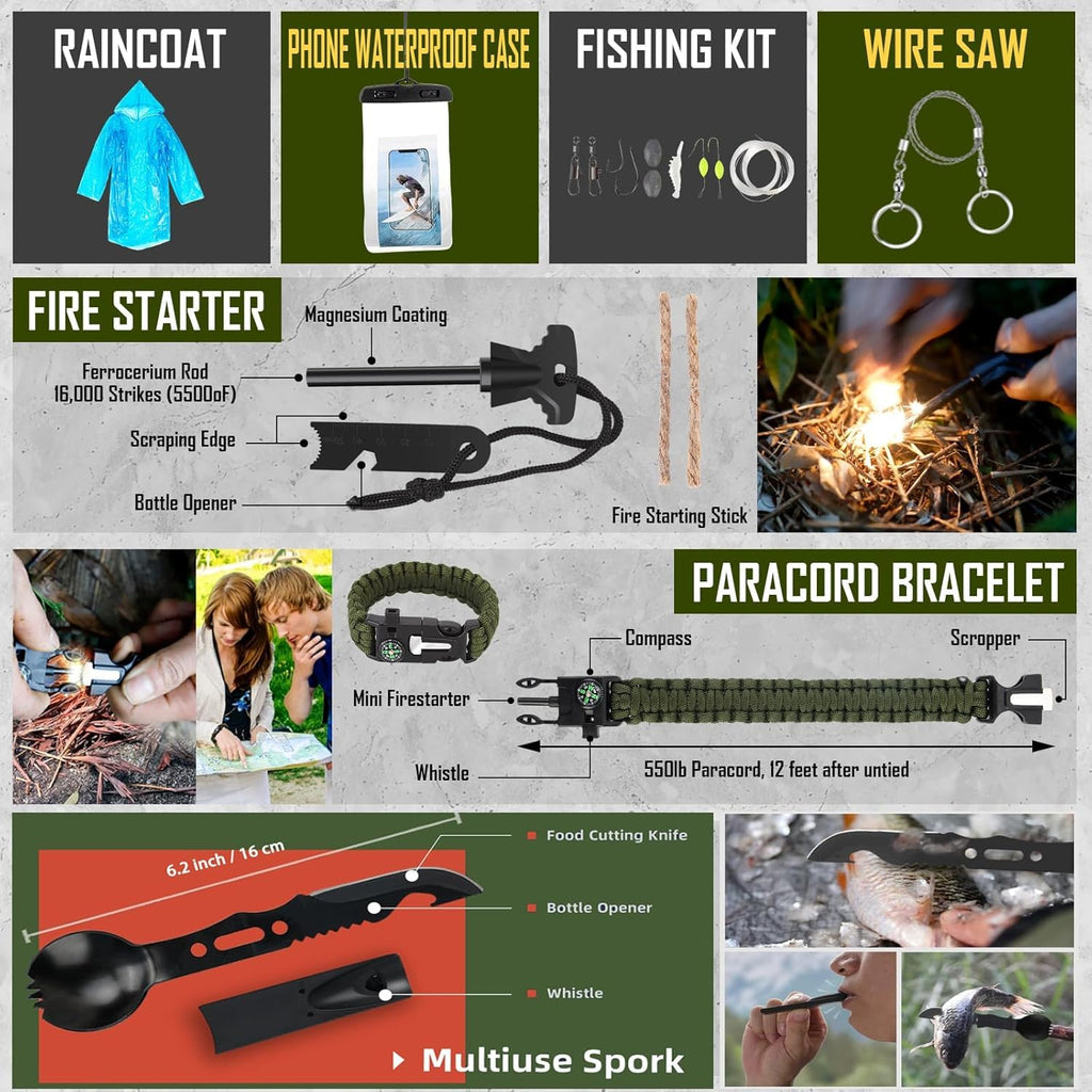 Survival Kit, 268 Pcs Emergency Survival Gear and Equipment Supplies with First Aid Kit, Camping Axe, Headlamp, Crossbody Bag for Camping Hiking, Hunting, Gift for Christmas Men, Dads, Black - The Cozy Corner