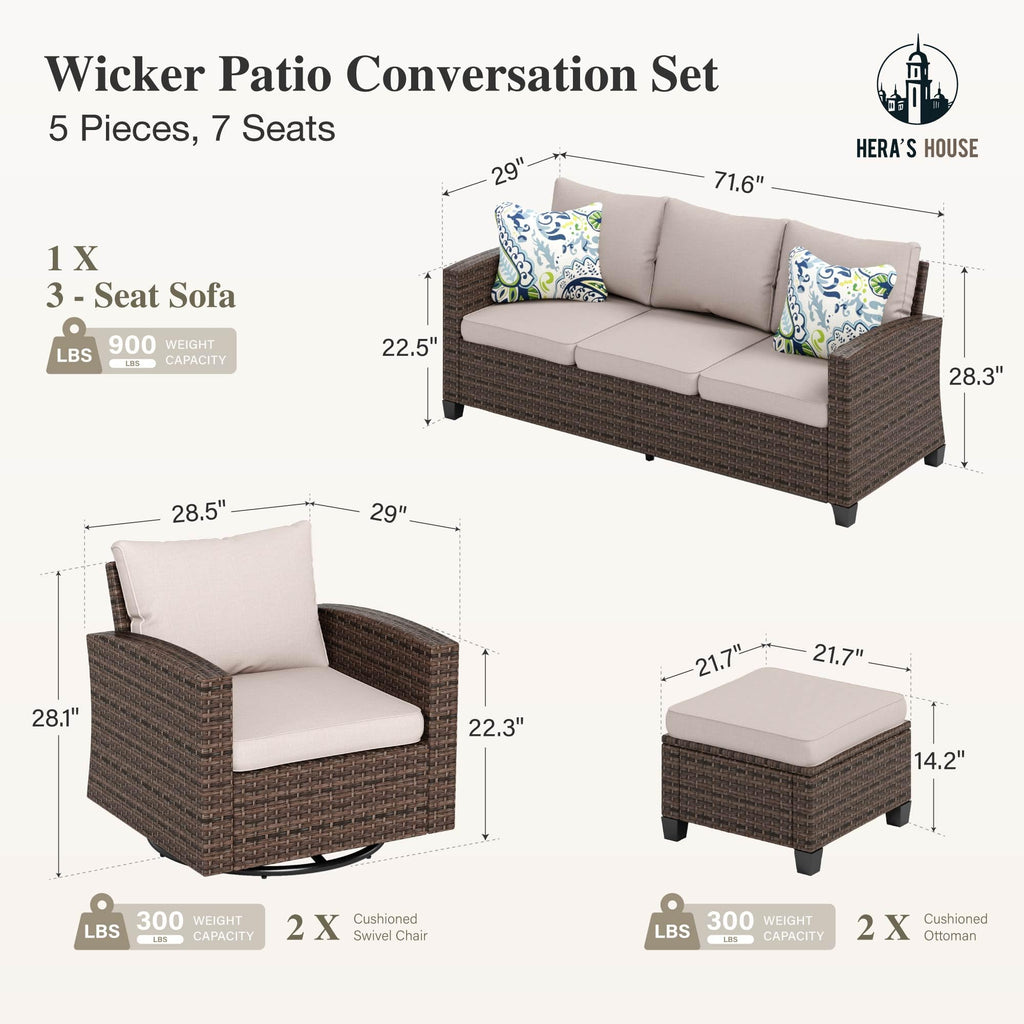 HERA'S HOUSE Patio Furniture Set with 56" Fire Pit Table, Outdoor Patio Conversation Sets, 6 Pieces 7 Seats Wicker Outside Sectional Sofa Set for Lawn Backyard Deck - The Cozy Corner